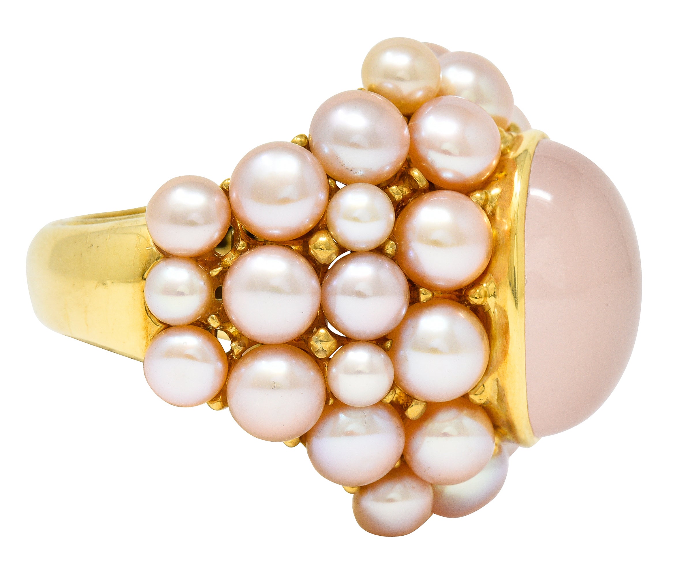 Mimi Milano Rose Quartz Pink Pearl 18 Karat Yellow Gold Cocktail Ring Wilson's Estate Jewelry