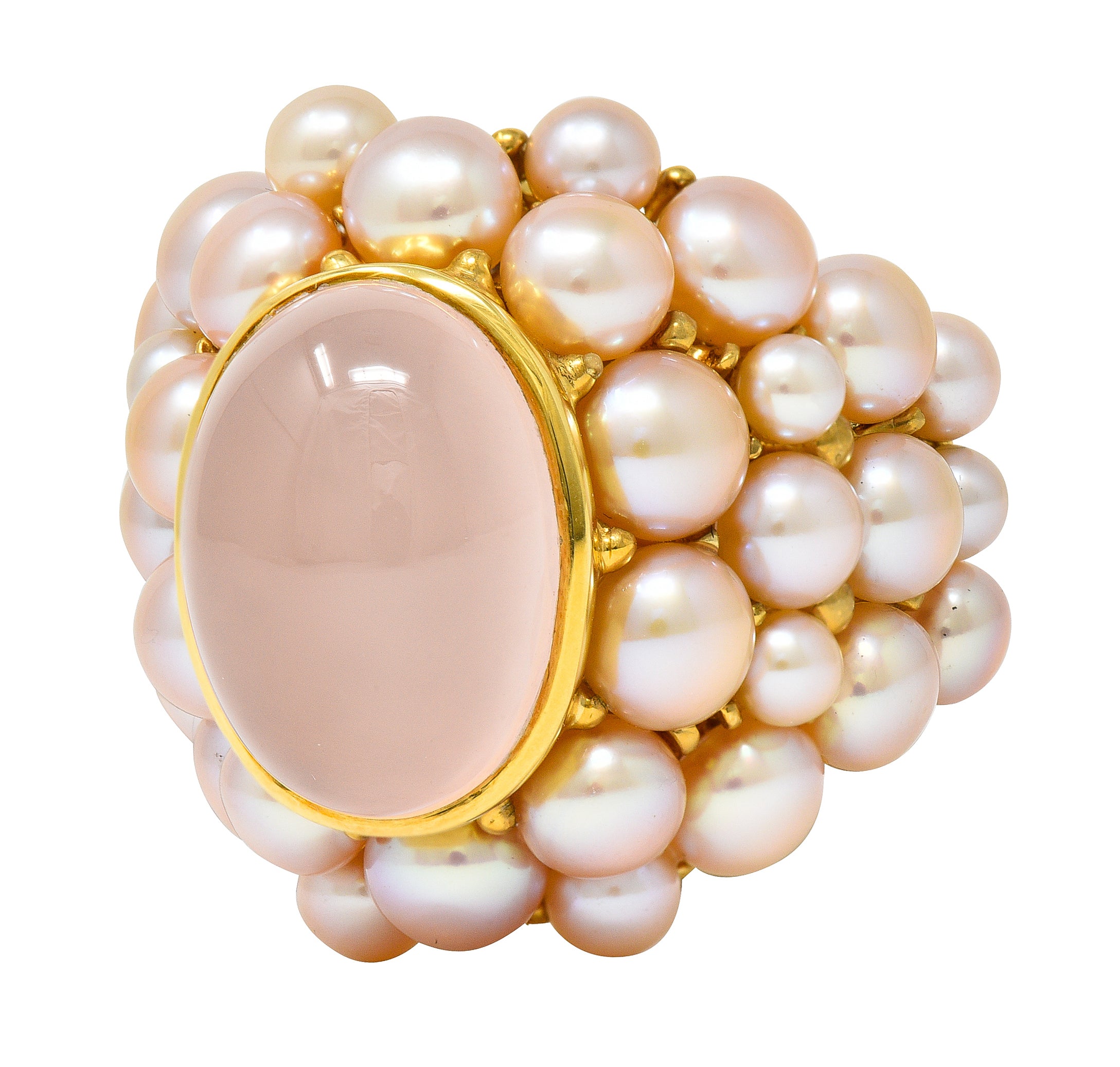 Mimi Milano Rose Quartz Pink Pearl 18 Karat Yellow Gold Cocktail Ring Wilson's Estate Jewelry