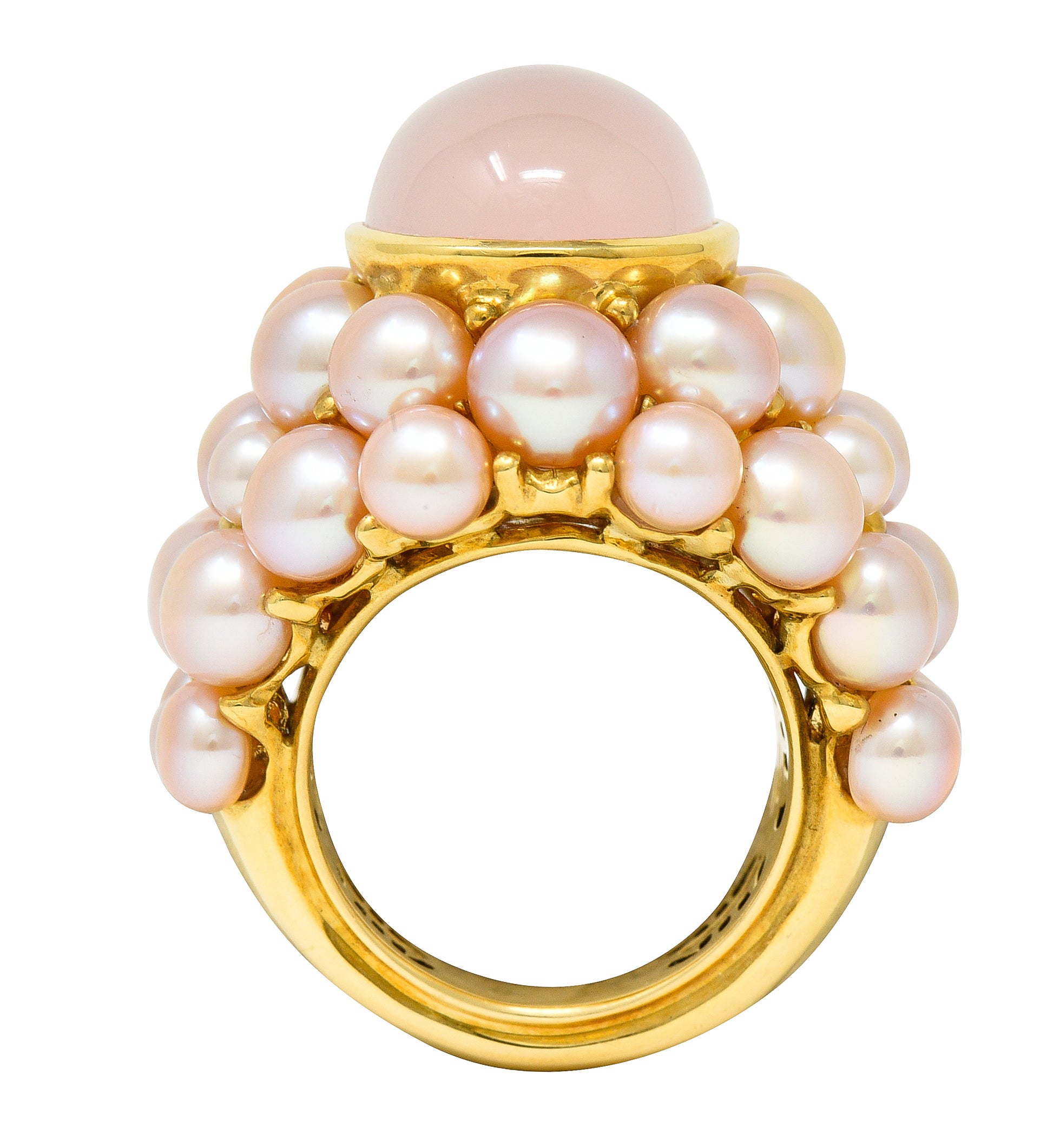 Mimi Milano Rose Quartz Pink Pearl 18 Karat Yellow Gold Cocktail Ring Wilson's Estate Jewelry