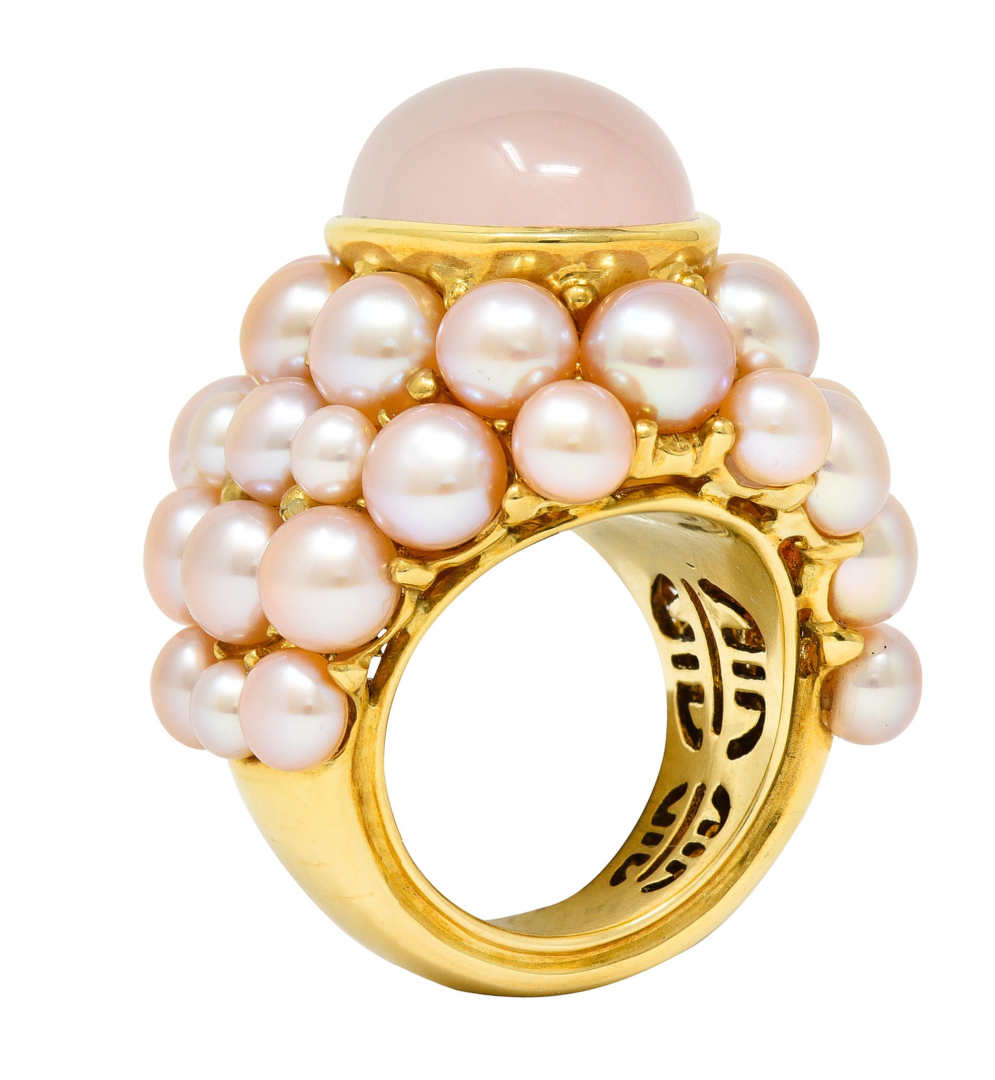 Mimi Milano Rose Quartz Pink Pearl 18 Karat Yellow Gold Cocktail Ring Wilson's Estate Jewelry