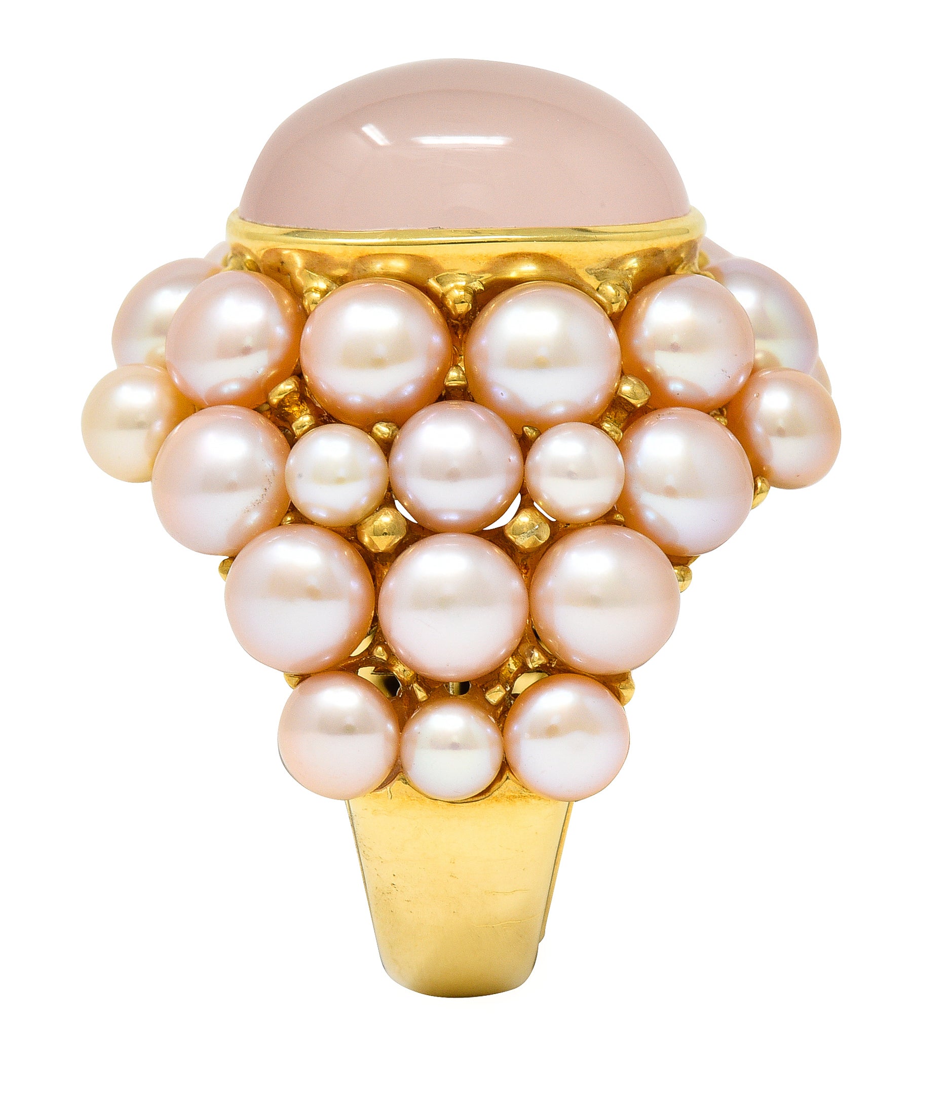 Mimi Milano Rose Quartz Pink Pearl 18 Karat Yellow Gold Cocktail Ring Wilson's Estate Jewelry