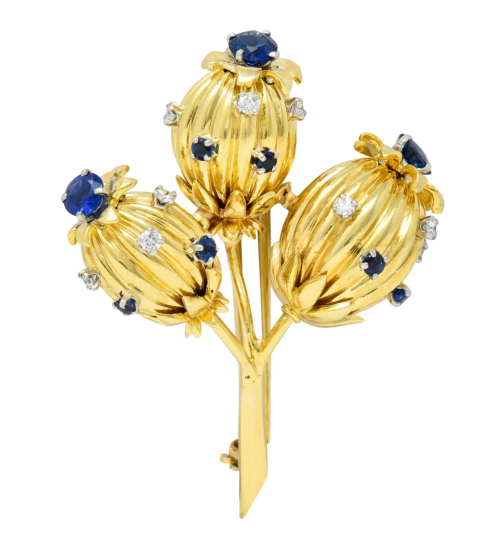 Schlumberger Tiffany & Co. Mid-Century 1.67 CTW Sapphire Diamond 18 Karat Yellow Gold Vintage Thistle Brooch Wilson's Estate Jewelry