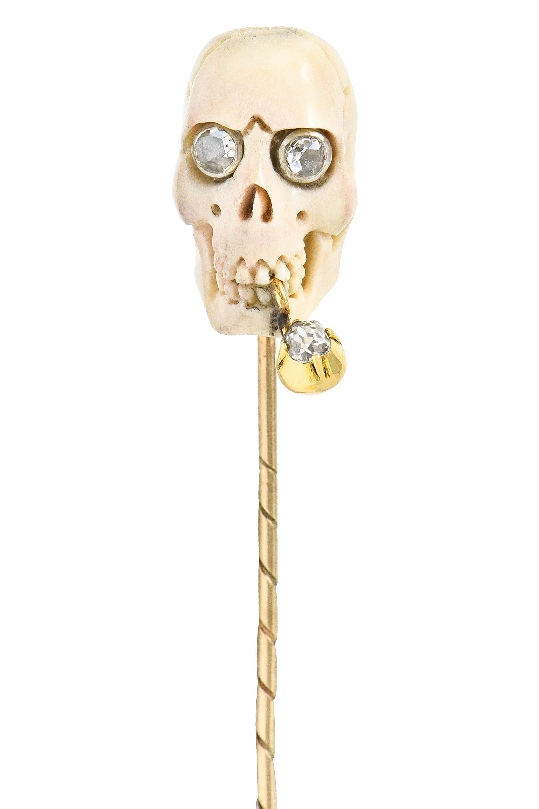 Vintage Bone Diamond 18 Karat Gold Smoking Skull StickpinStick Pin - Wilson's Estate Jewelry