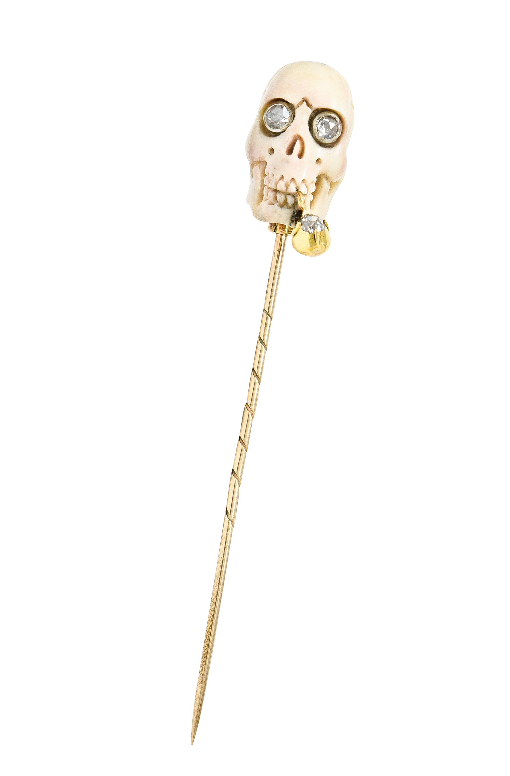 Vintage Bone Diamond 18 Karat Gold Smoking Skull StickpinStick Pin - Wilson's Estate Jewelry