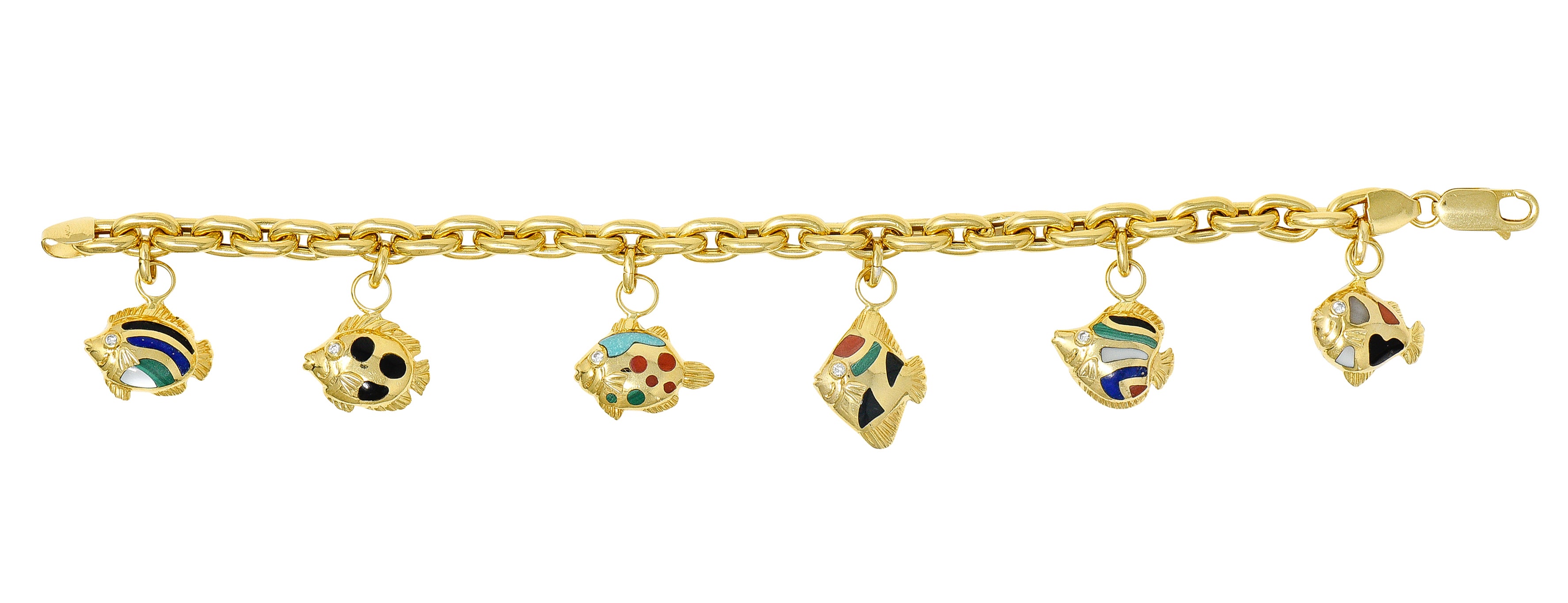 Grossbardt Diamond Inlaid Multi-Gem 18K Yellow Gold Fish Vintage Charm Bracelet