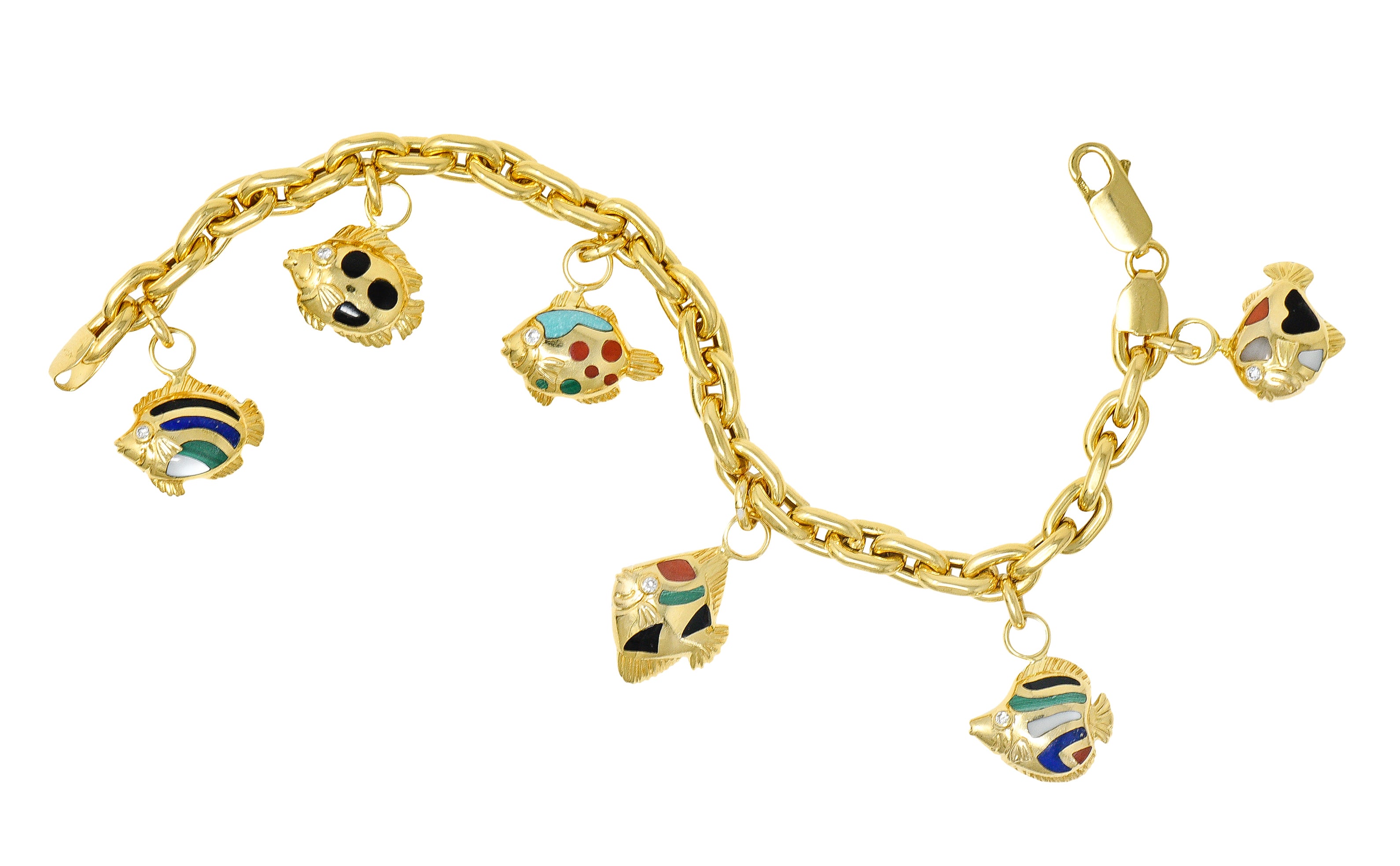 Grossbardt Diamond Inlaid Multi-Gem 18K Yellow Gold Fish Vintage Charm Bracelet