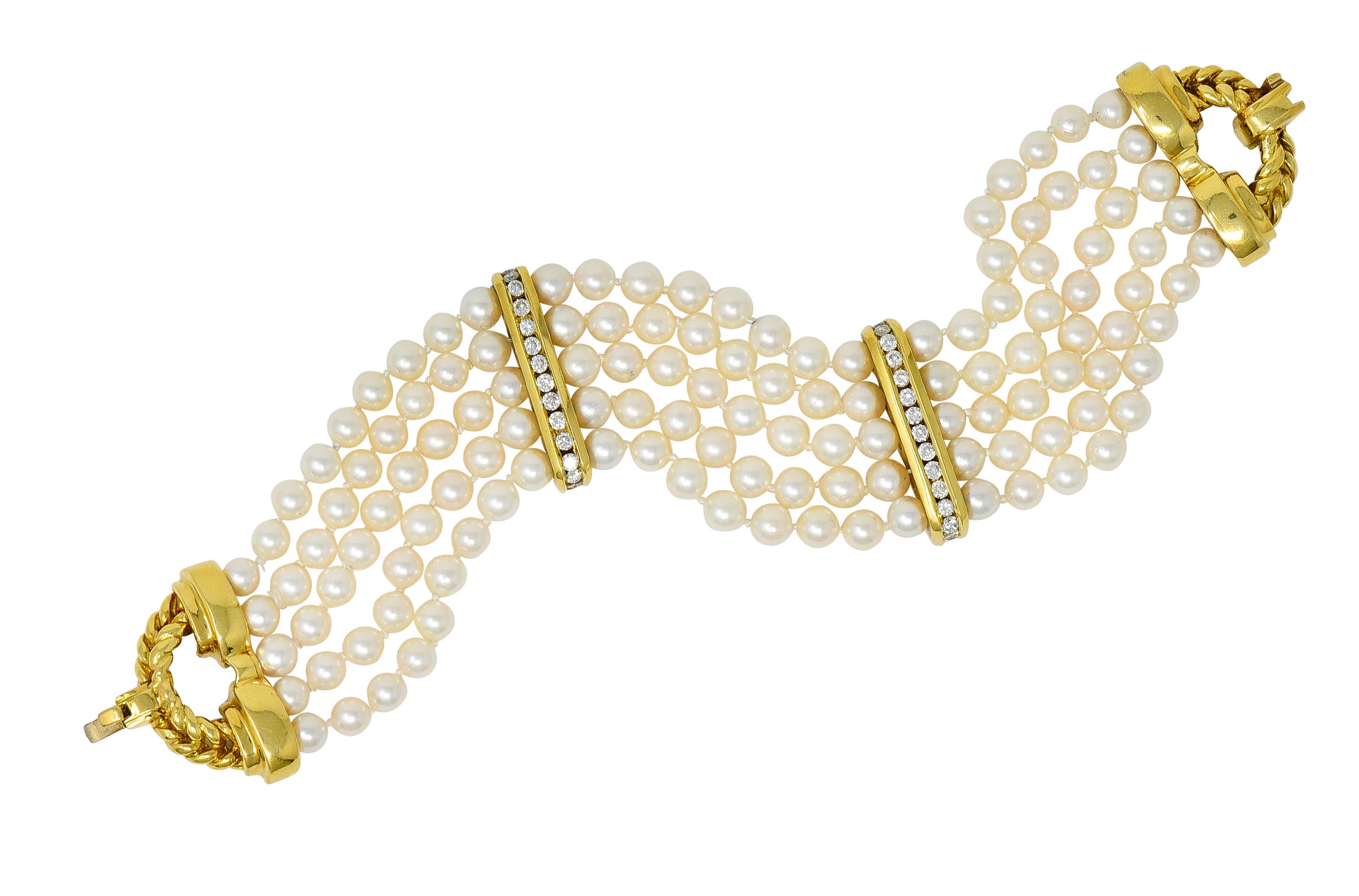 Contemporary Diamond Cultured Pearl 18 Karat Gold Five Strand Braceletbracelet - Wilson's Estate Jewelry