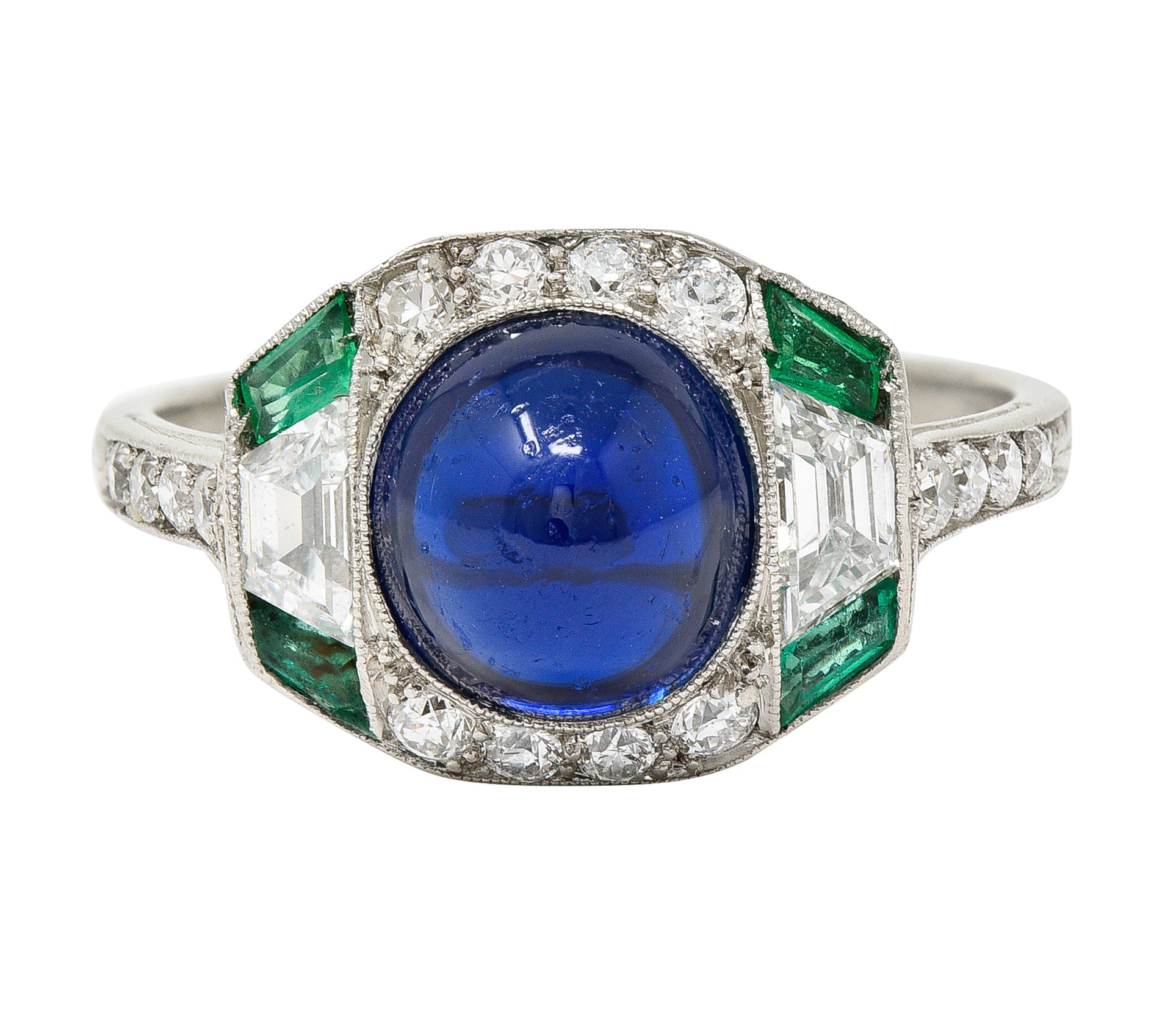 Art Deco 3.60 CTW No Heat Cambodian Sapphire Cabochon Emerald Diamond Geometric Foliate Dinner Ring GIA Wilson's Estate Jewelry