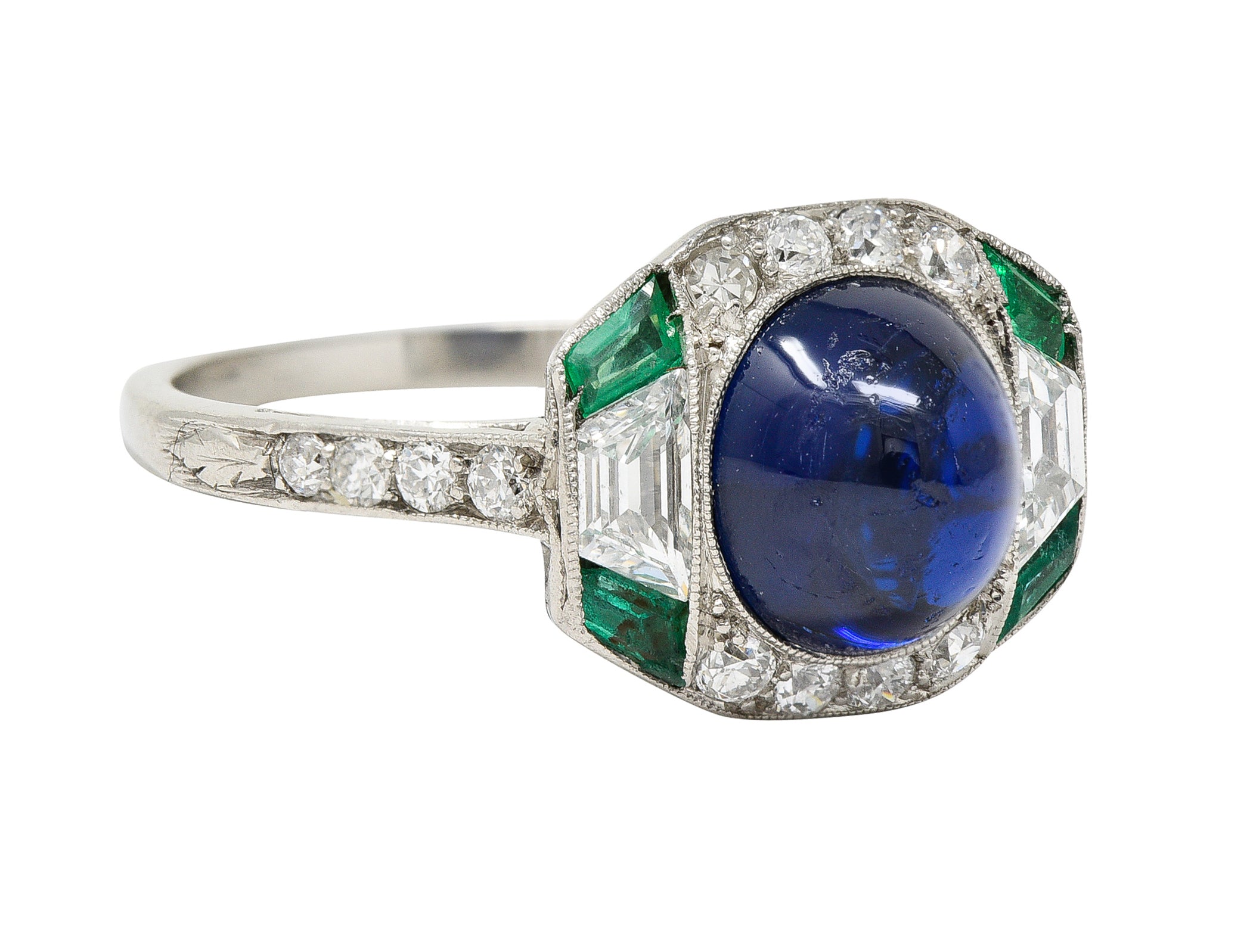 Art Deco 3.60 CTW No Heat Cambodian Sapphire Cabochon Emerald Diamond Geometric Foliate Dinner Ring GIA Wilson's Estate Jewelry