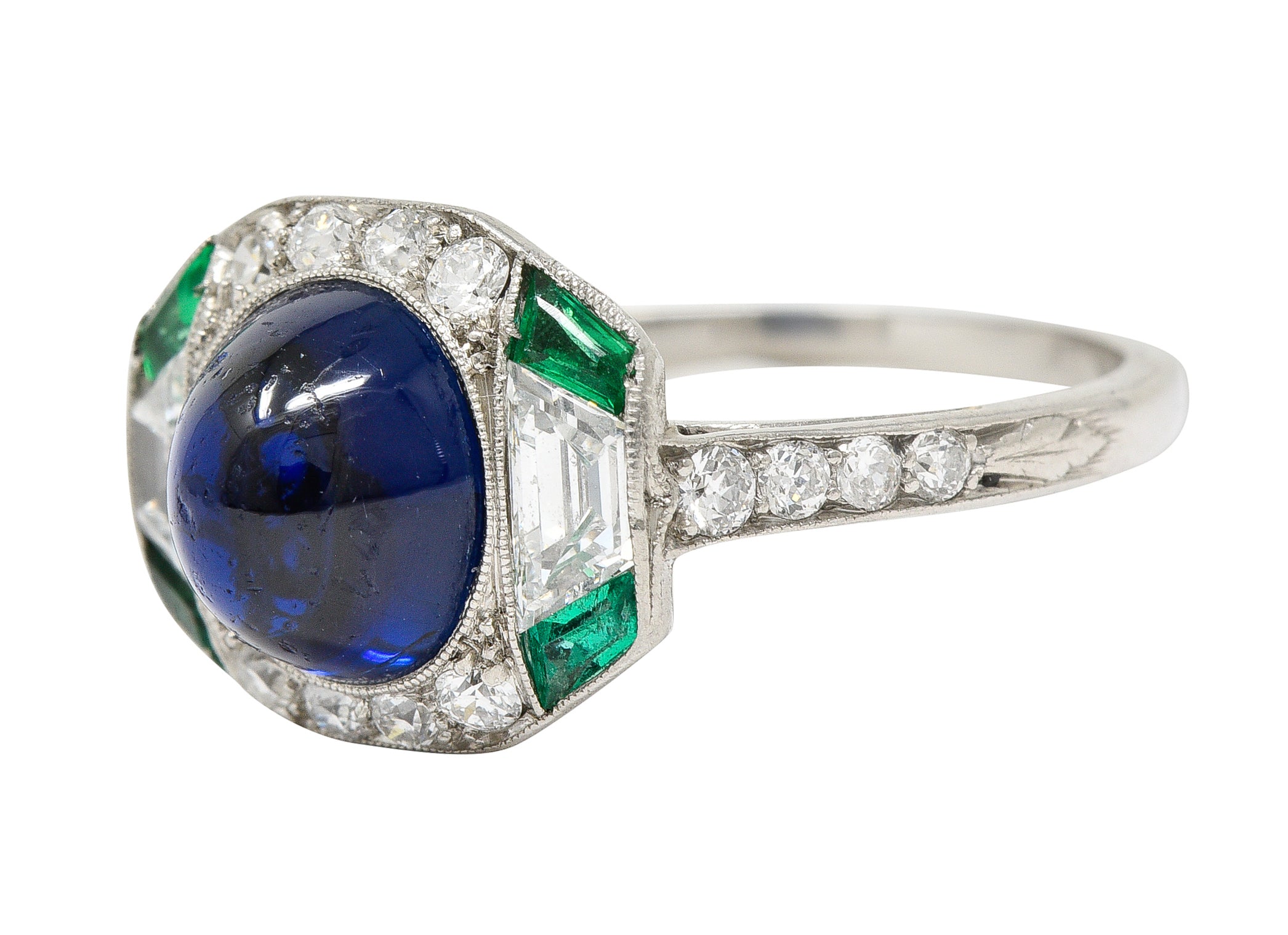 Art Deco 3.60 CTW No Heat Cambodian Sapphire Cabochon Emerald Diamond Geometric Foliate Dinner Ring GIA Wilson's Estate Jewelry