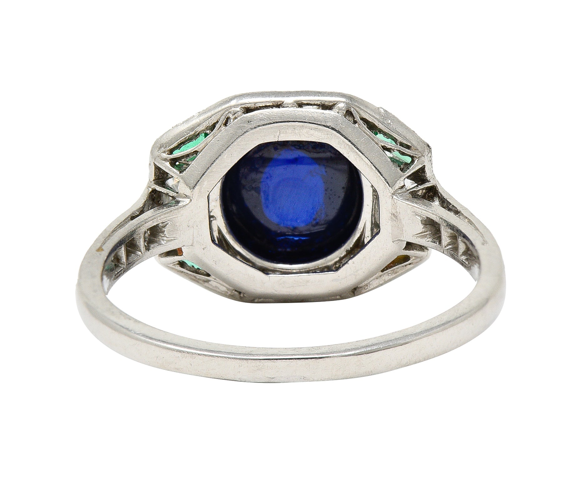 Art Deco 3.60 CTW No Heat Cambodian Sapphire Cabochon Emerald Diamond Geometric Foliate Dinner Ring GIA Wilson's Estate Jewelry