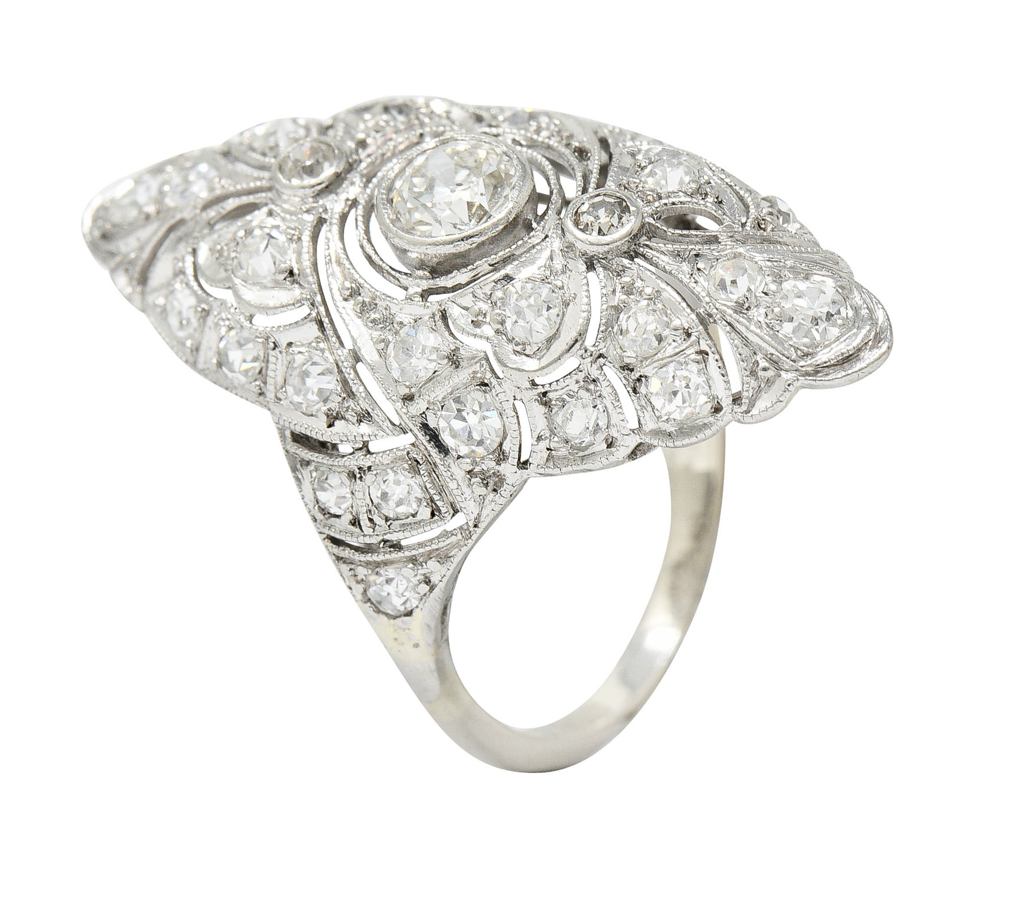 Belle Epoque 1.20 CTW Diamond Platinum-Topped 14 Karat White Gold Ribboned Dinner RingRing - Wilson's Estate Jewelry