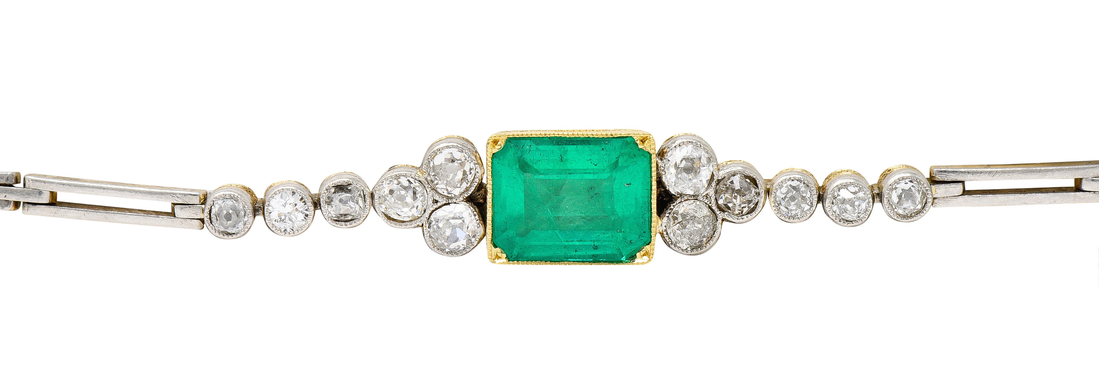 Art Deco 4.22 CTW Emerald Diamond Platinum-Topped 18 Karat Yellow Gold Vintage Link Bracelet Wilson's Estate Jewelry