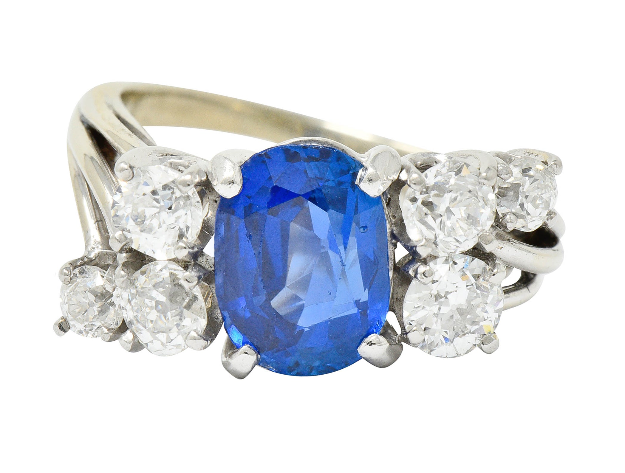 Retro 4.72 CTW No Heat Ceylon Sapphire Diamond 14 Karat White Gold Bypass Cluster Ring GIARing - Wilson's Estate Jewelry