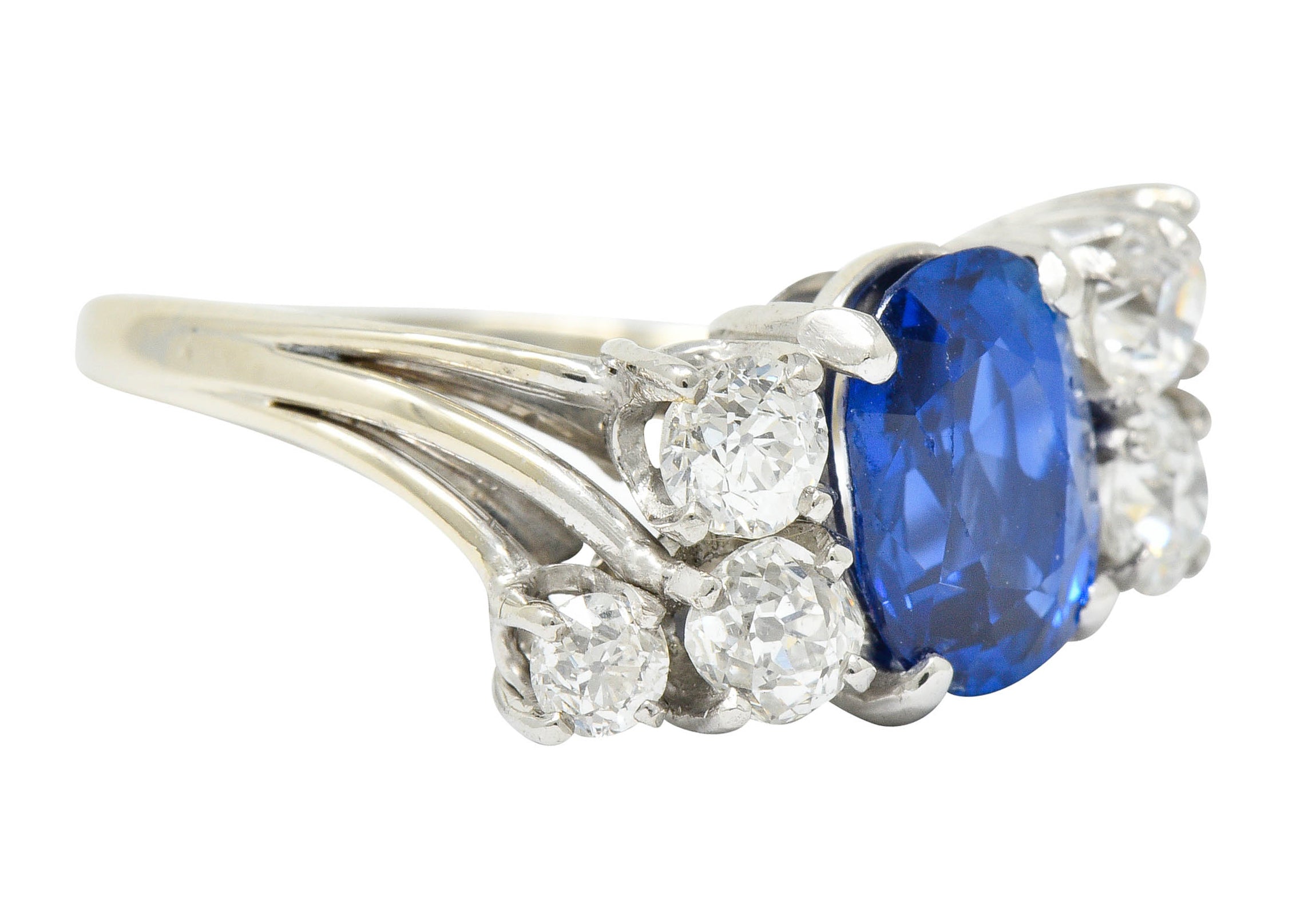 Retro 4.72 CTW No Heat Ceylon Sapphire Diamond 14 Karat White Gold Bypass Cluster Ring GIARing - Wilson's Estate Jewelry