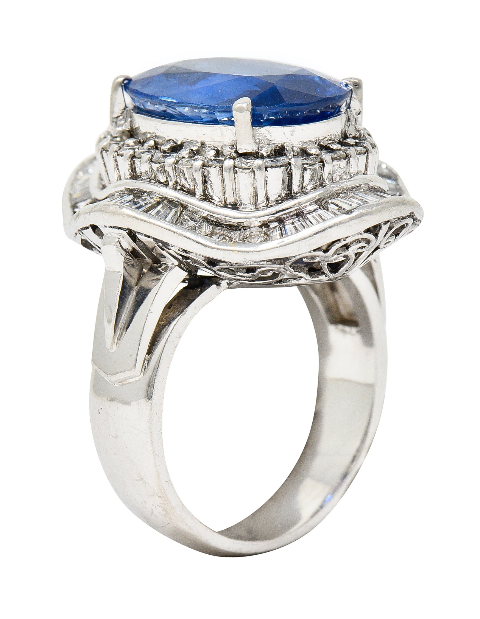 Contemporary 10.61 CTW Ceylon Sapphire Diamond Platinum Double Ballerina Halo Ring GIA Wilson's Estate Jewelry