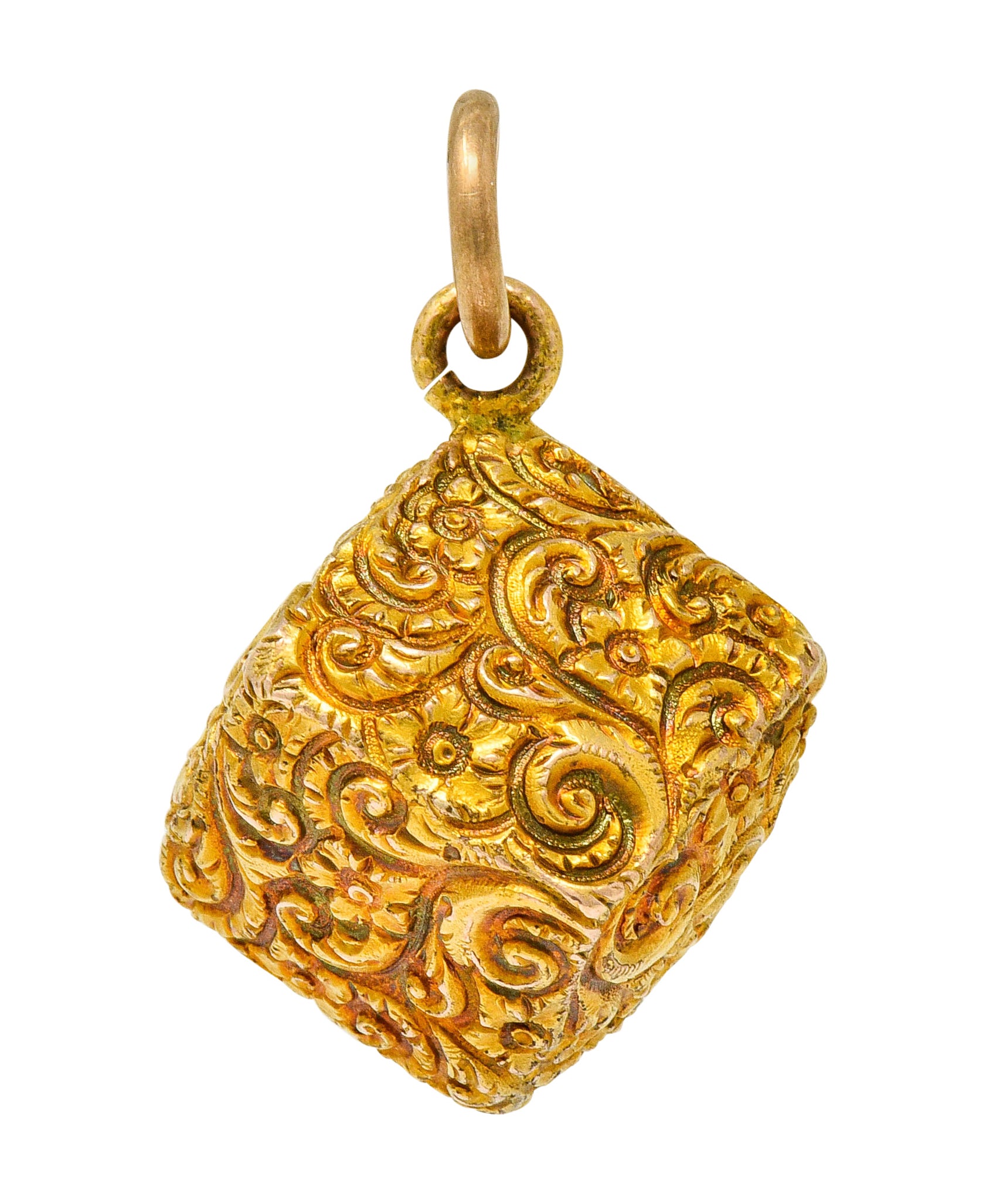 Victorian 14 Karat Gold Floral Foliate Cube Pendant Charm - Wilson's Estate Jewelry