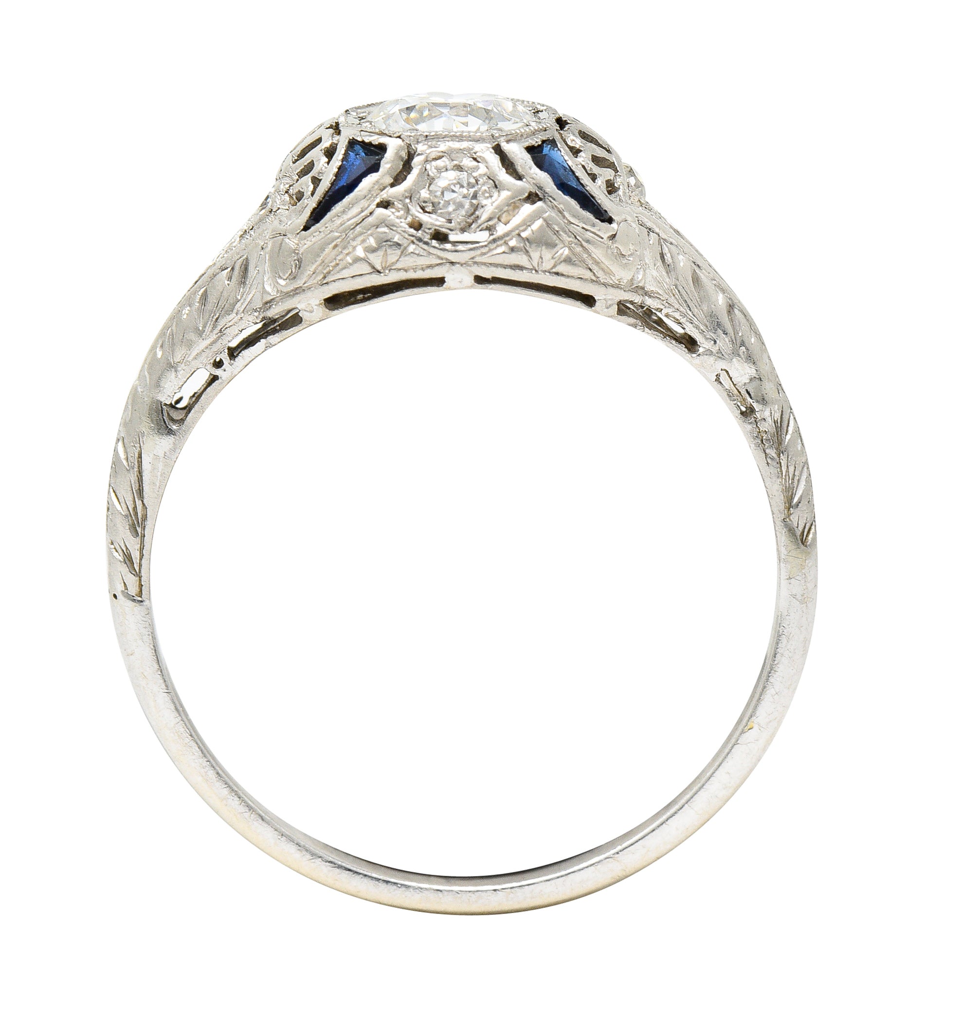 Art Deco 0.63 CTW Old European Cut Diamond Sapphire Platinum Engagement Ring Wilson's Estate Jewelry