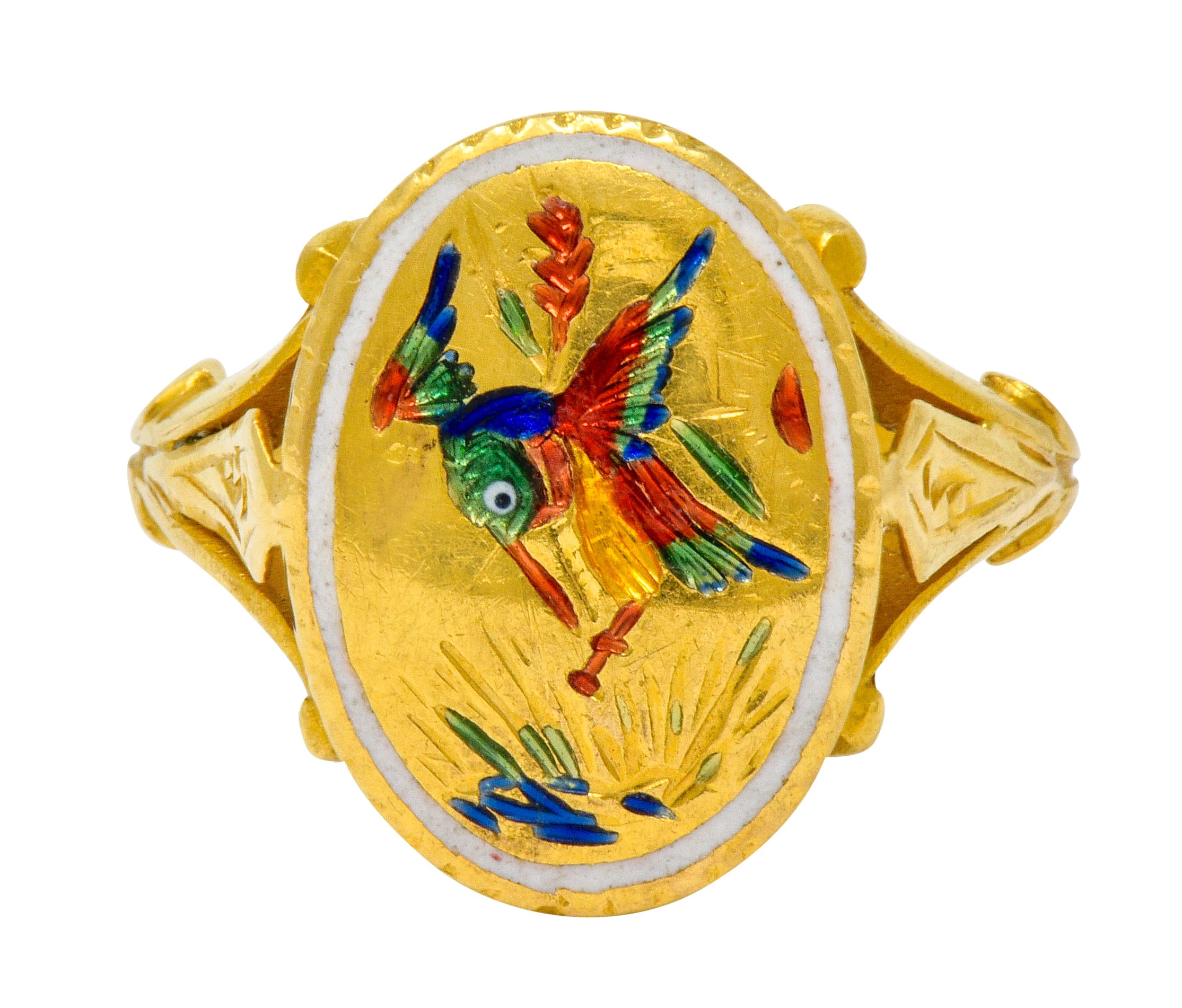 Victorian Enamel 24 Karat Gold Hummingbird Signet Ring - Wilson's Estate Jewelry