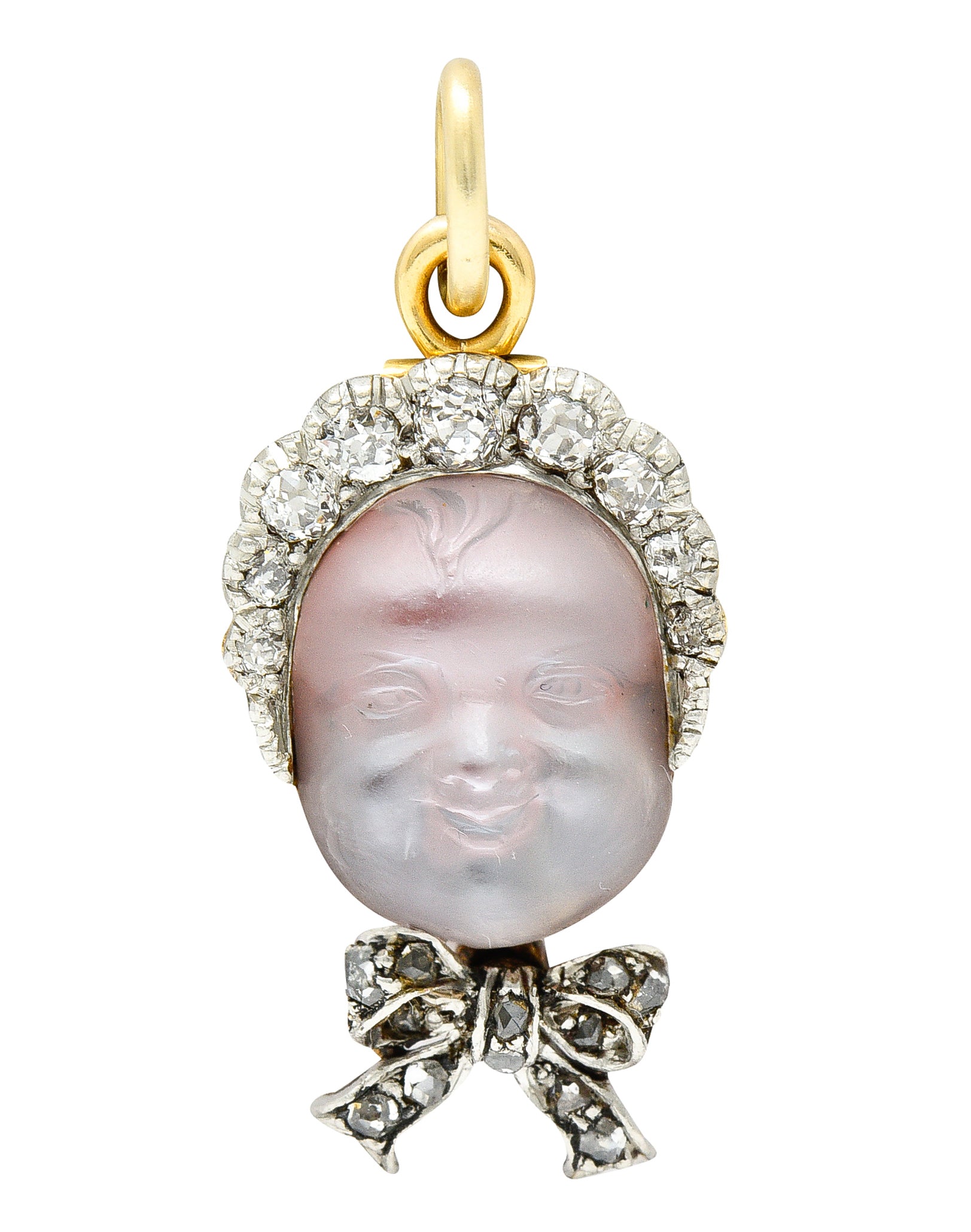 Dreicer & Co. Edwardian Diamond Carved Moonstone Platinum-Topped Baby Pendant Wilson's Estate Jewelry