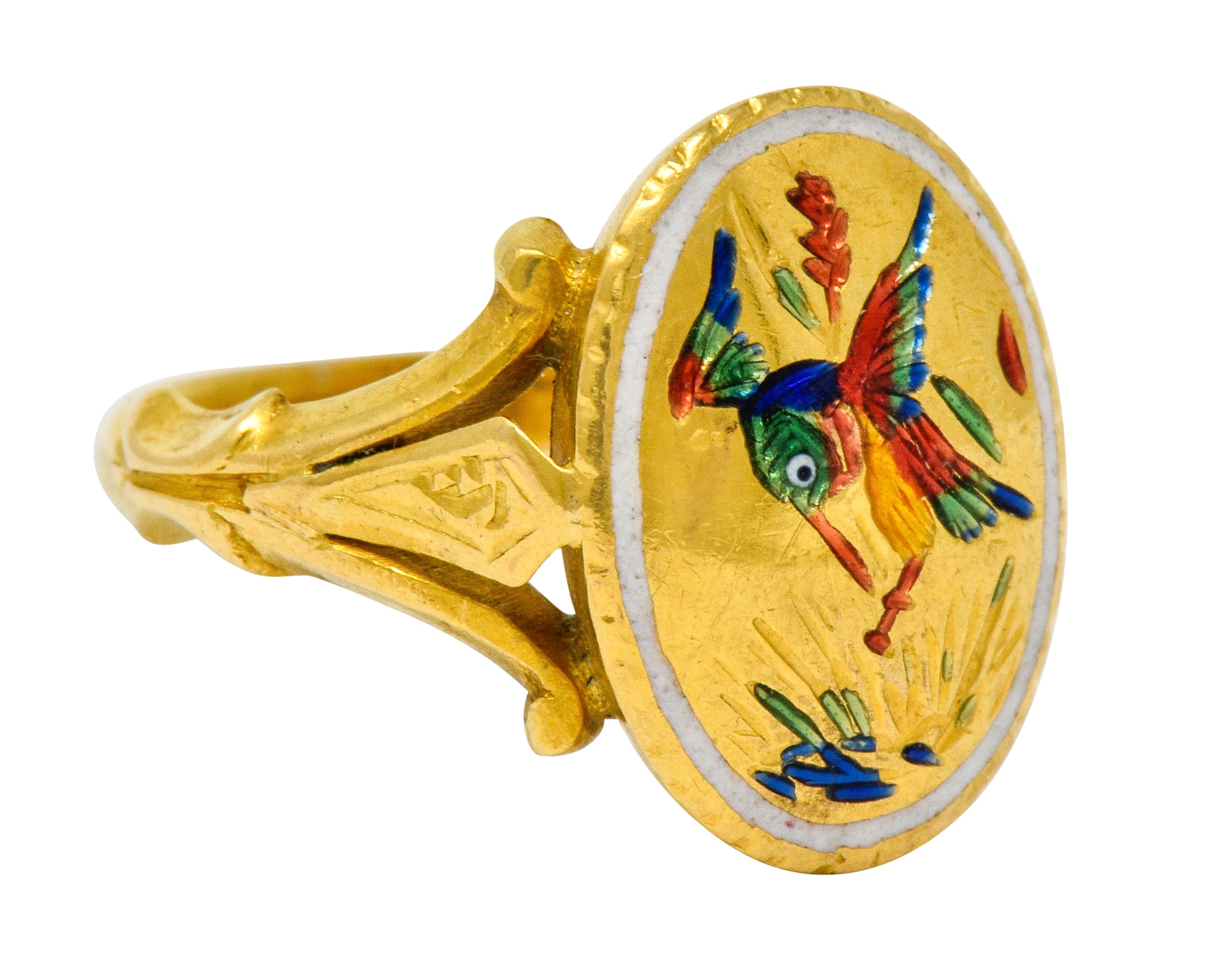 Victorian Enamel 24 Karat Gold Hummingbird Signet Ring - Wilson's Estate Jewelry