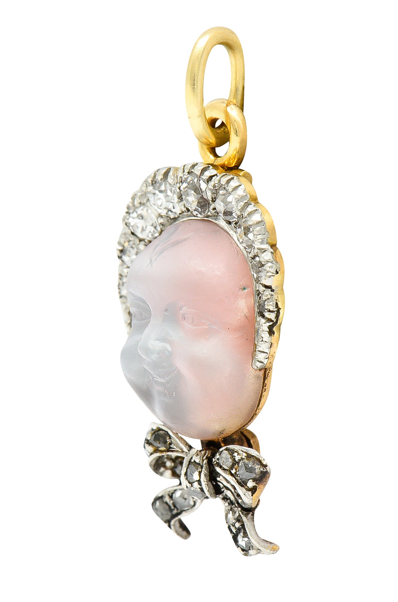 Dreicer & Co. Edwardian Diamond Carved Moonstone Platinum-Topped Baby Pendant Wilson's Estate Jewelry