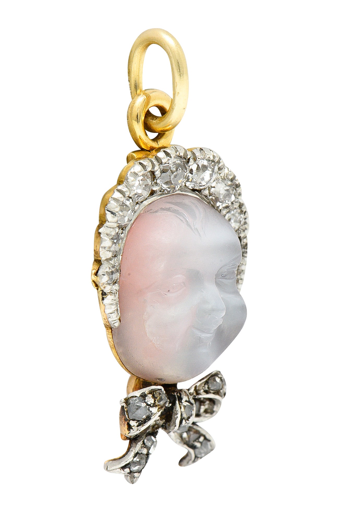 Dreicer & Co. Edwardian Diamond Carved Moonstone Platinum-Topped Baby Pendant Wilson's Estate Jewelry