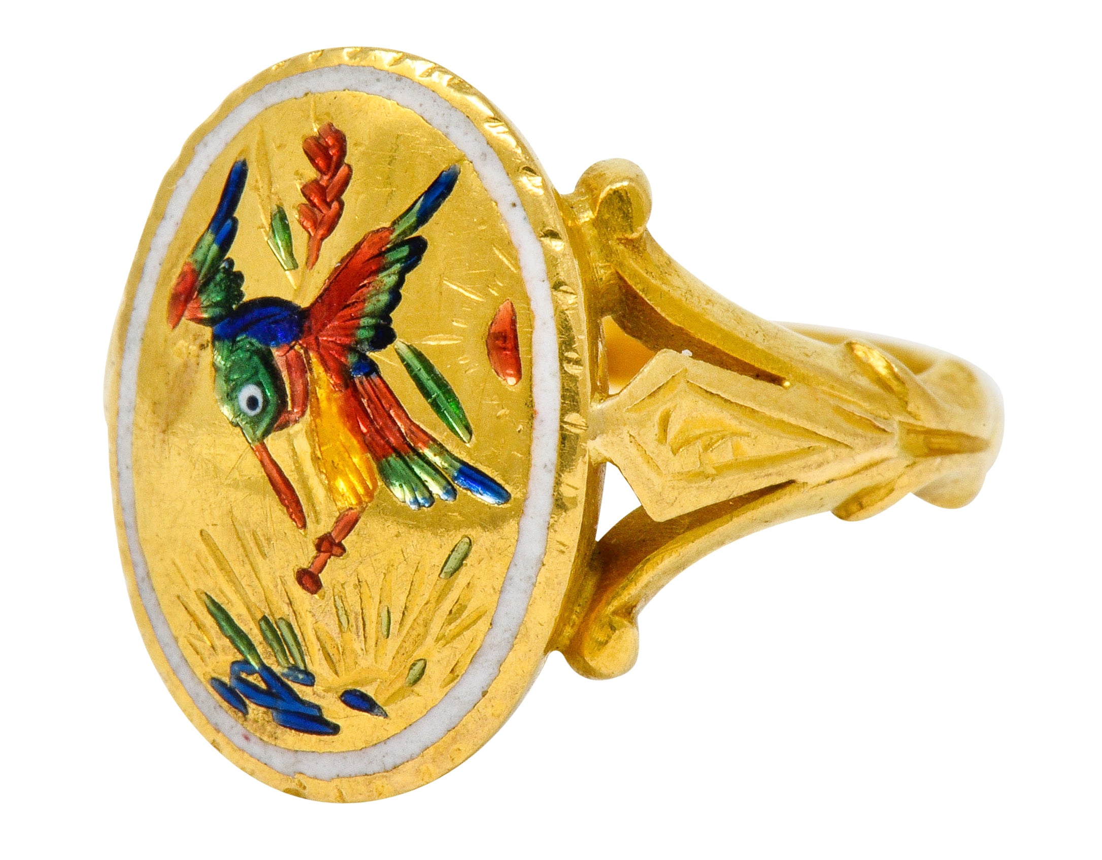 Victorian Enamel 24 Karat Gold Hummingbird Signet Ring - Wilson's Estate Jewelry