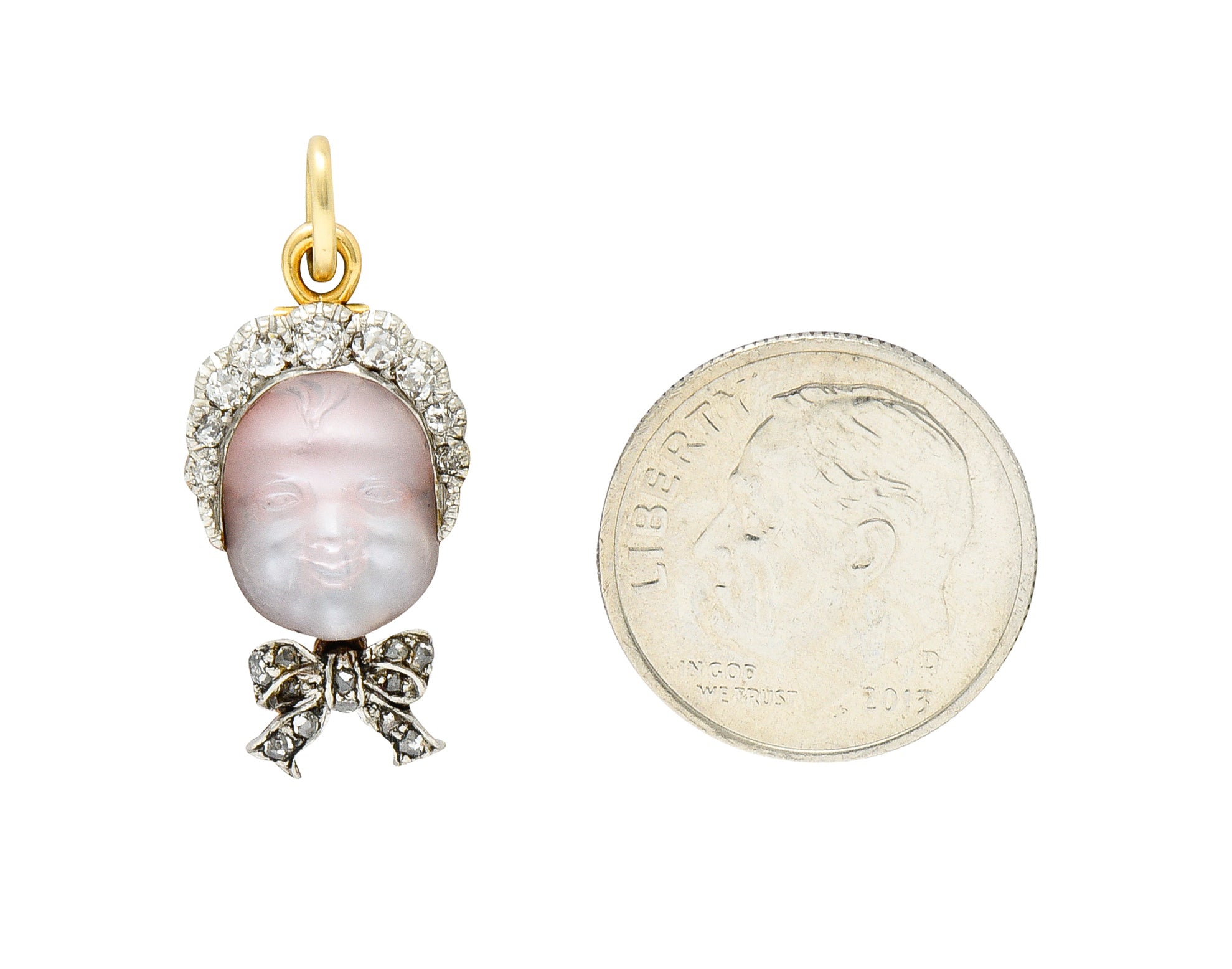 Dreicer & Co. Edwardian Diamond Carved Moonstone Platinum-Topped Baby Pendant Wilson's Estate Jewelry