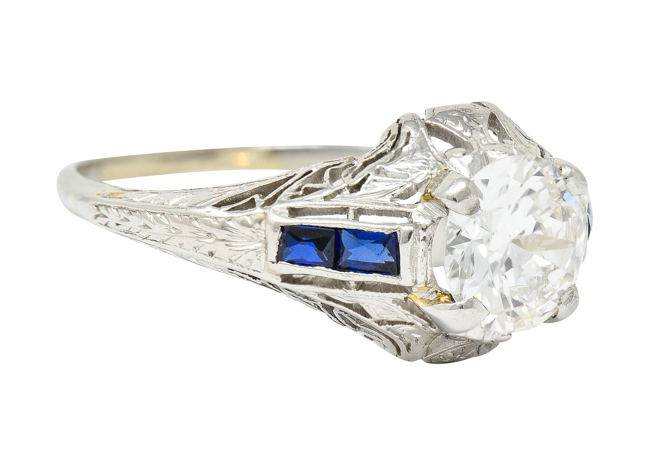 Art Deco 1.20 CTW Diamond Sapphire 14 Karat White Gold Engagement RingRing - Wilson's Estate Jewelry