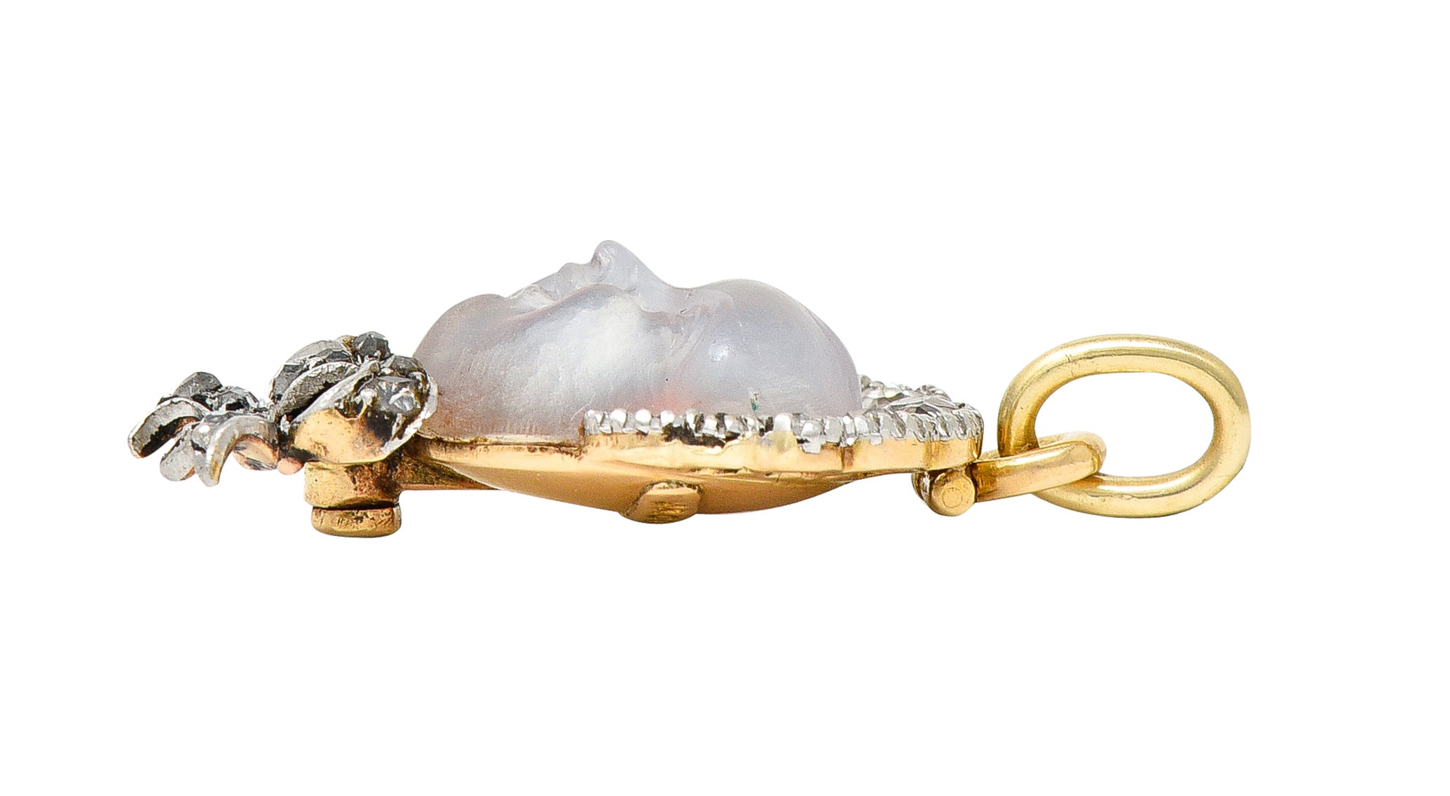 Dreicer & Co. Edwardian Diamond Carved Moonstone Platinum-Topped Baby Pendant Wilson's Estate Jewelry