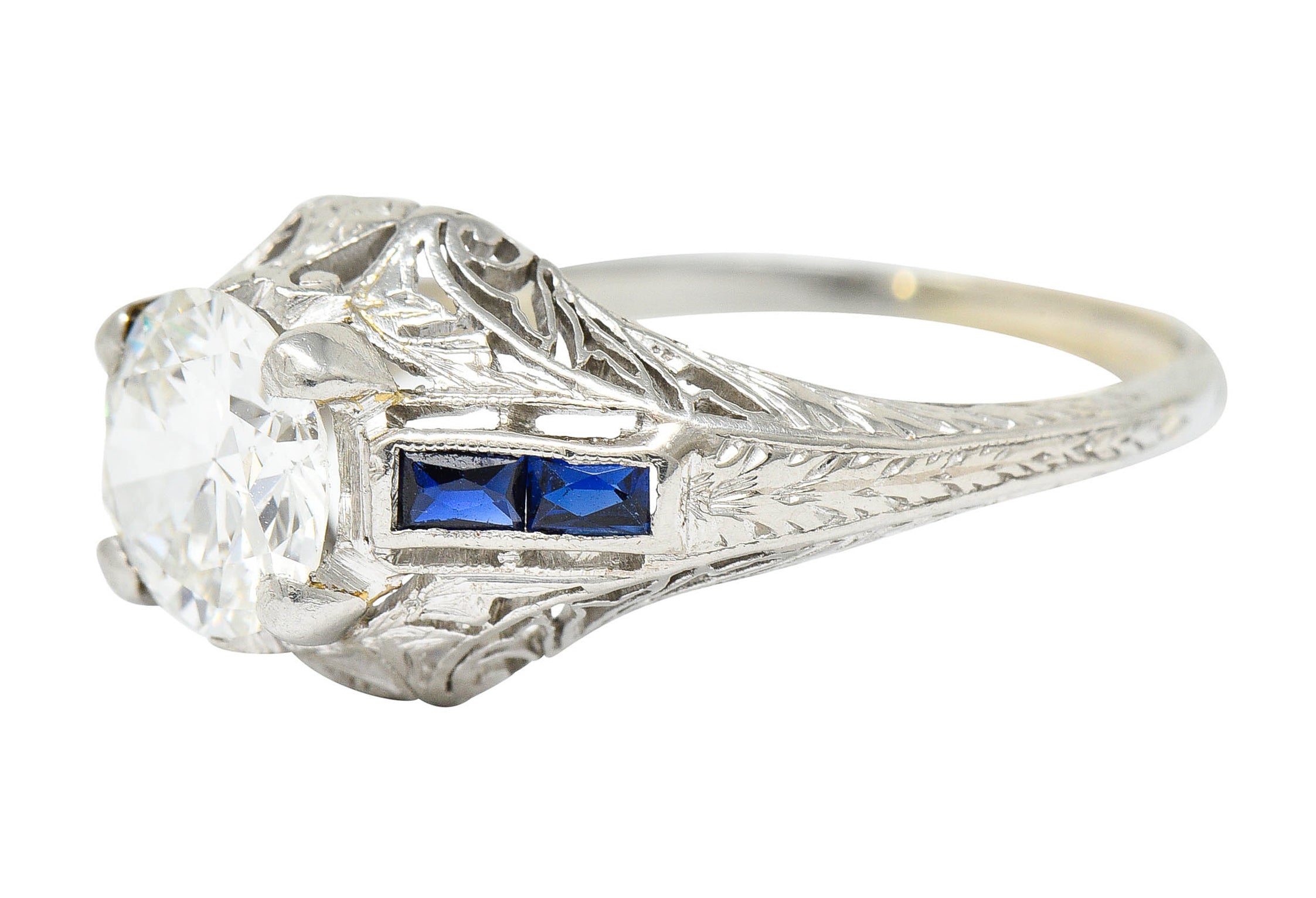 Art Deco 1.20 CTW Diamond Sapphire 14 Karat White Gold Engagement RingRing - Wilson's Estate Jewelry