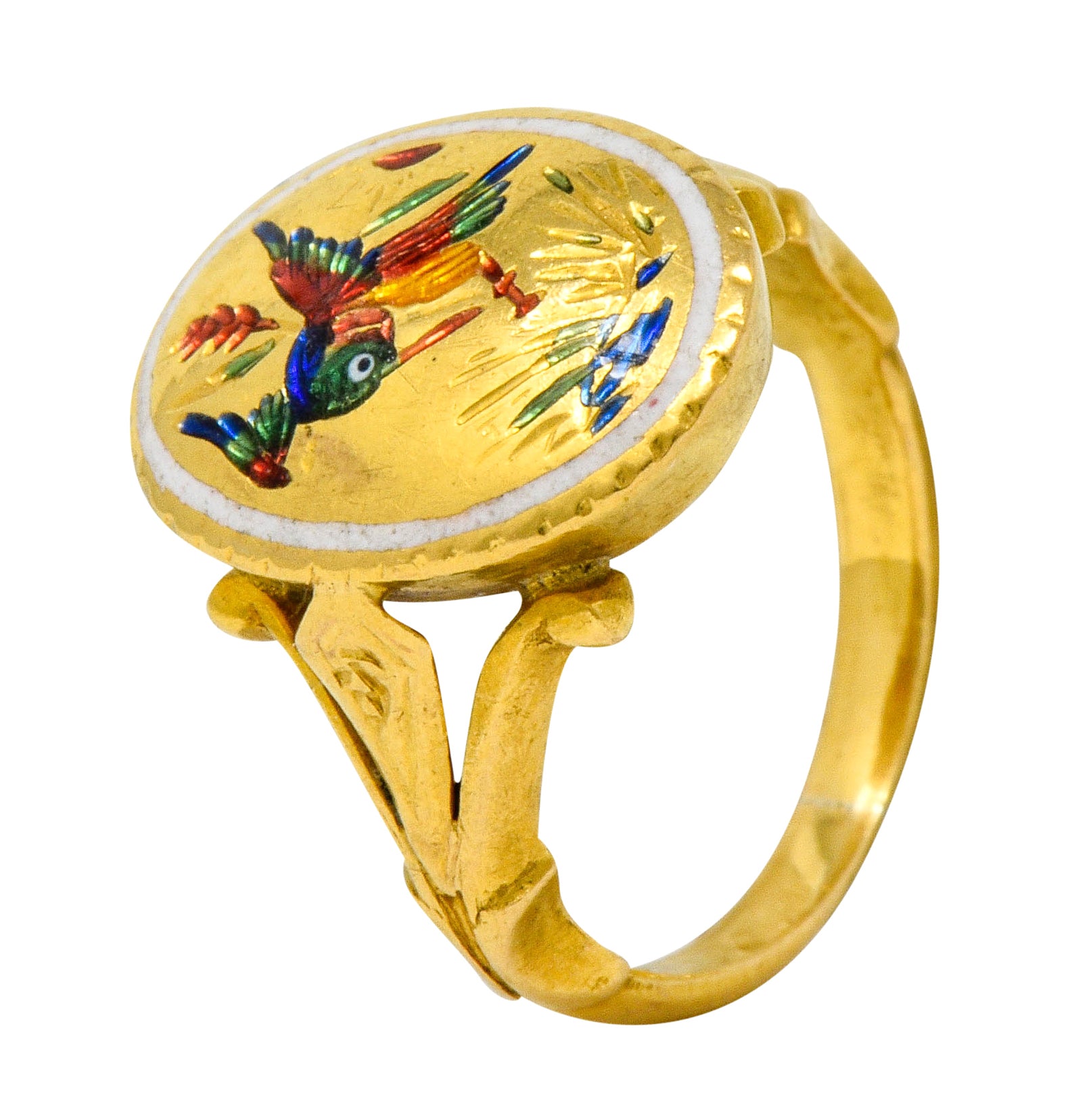 Victorian Enamel 24 Karat Gold Hummingbird Signet Ring - Wilson's Estate Jewelry