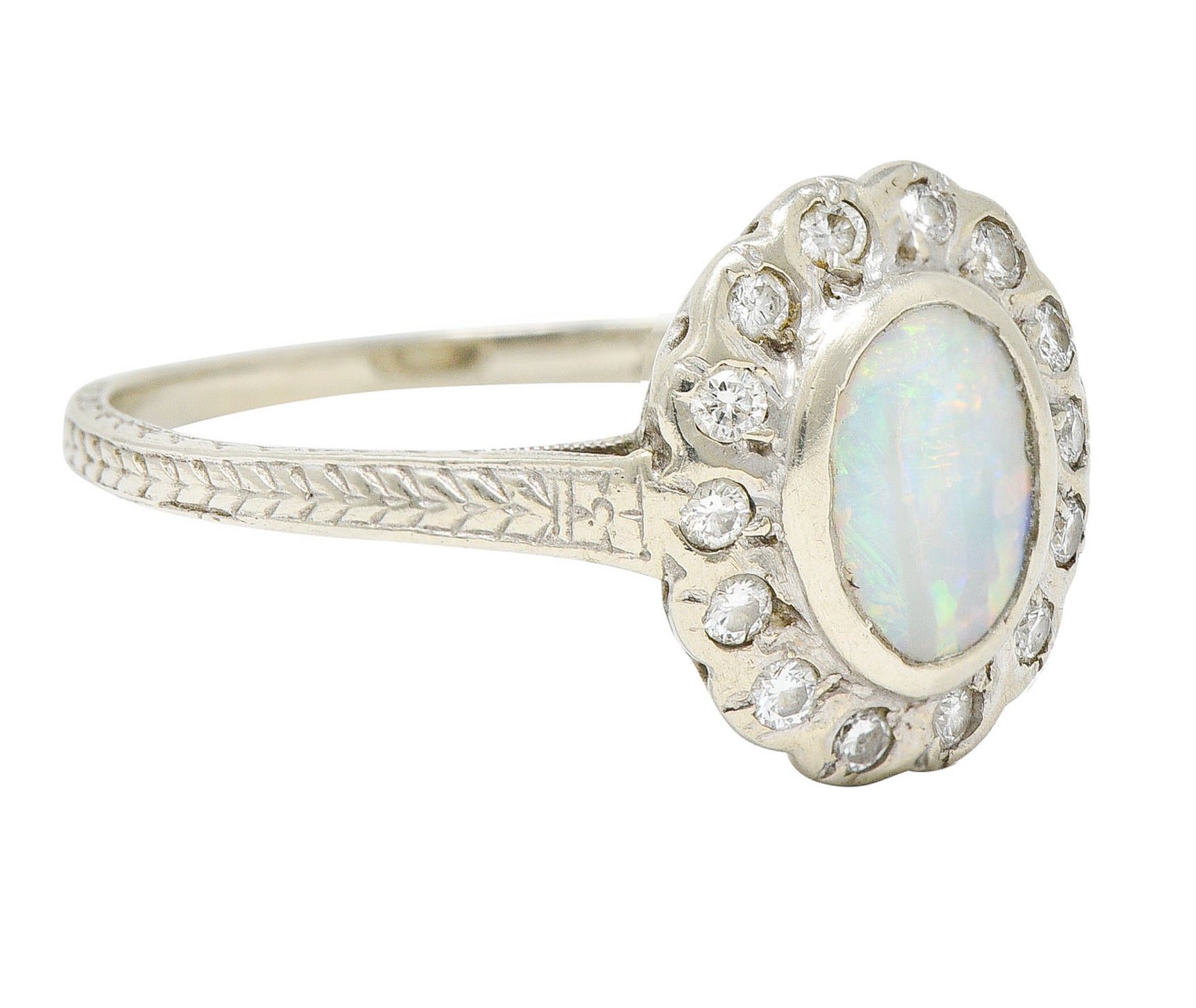 Art Deco Dreicer & Co. Opal Diamond 14 Karat White Gold Cluster RingRing - Wilson's Estate Jewelry