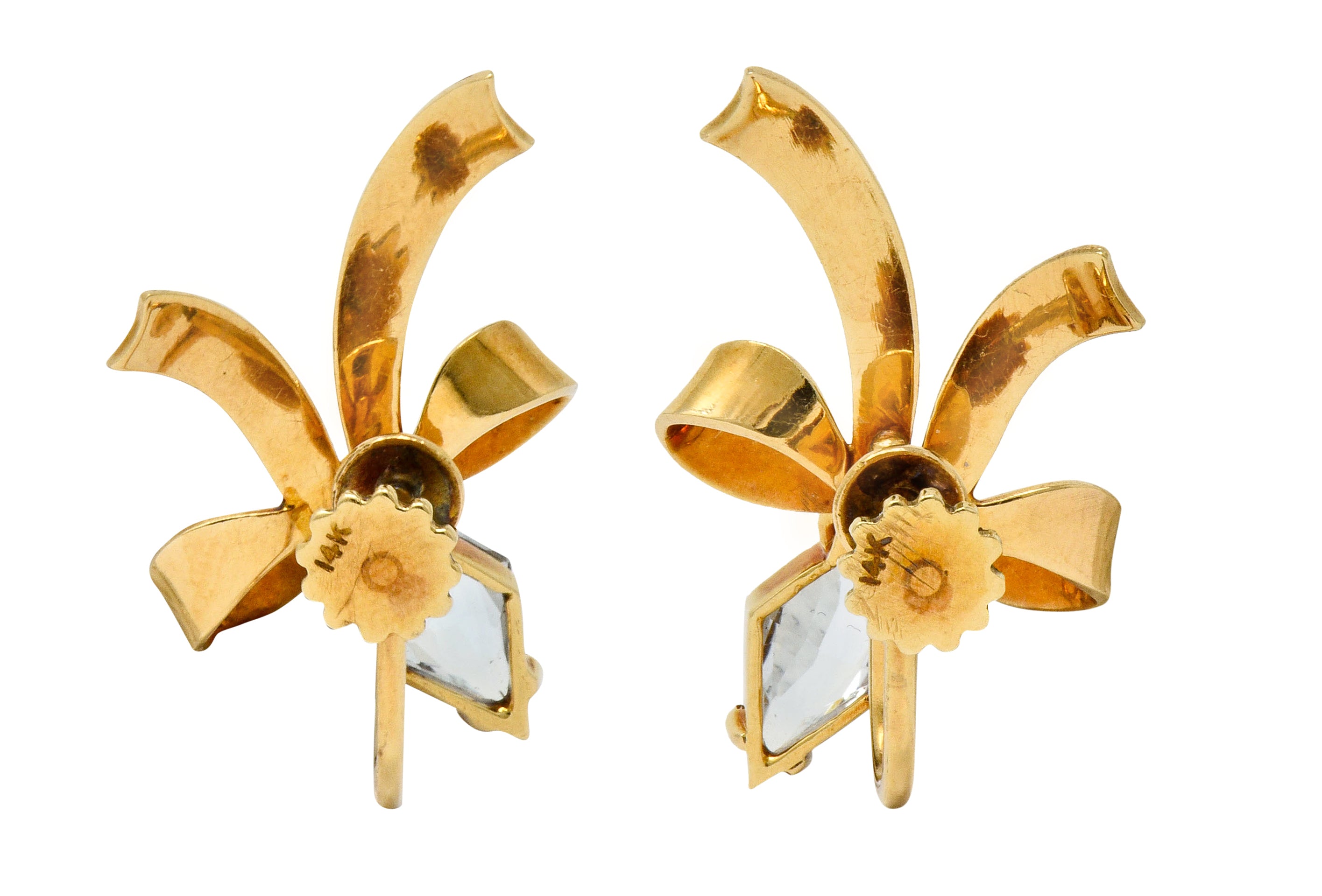 Retro Aquamarine 14 Karat Gold Ribboned Bow Screwback Earrings - Wilson's Estate Jewelry