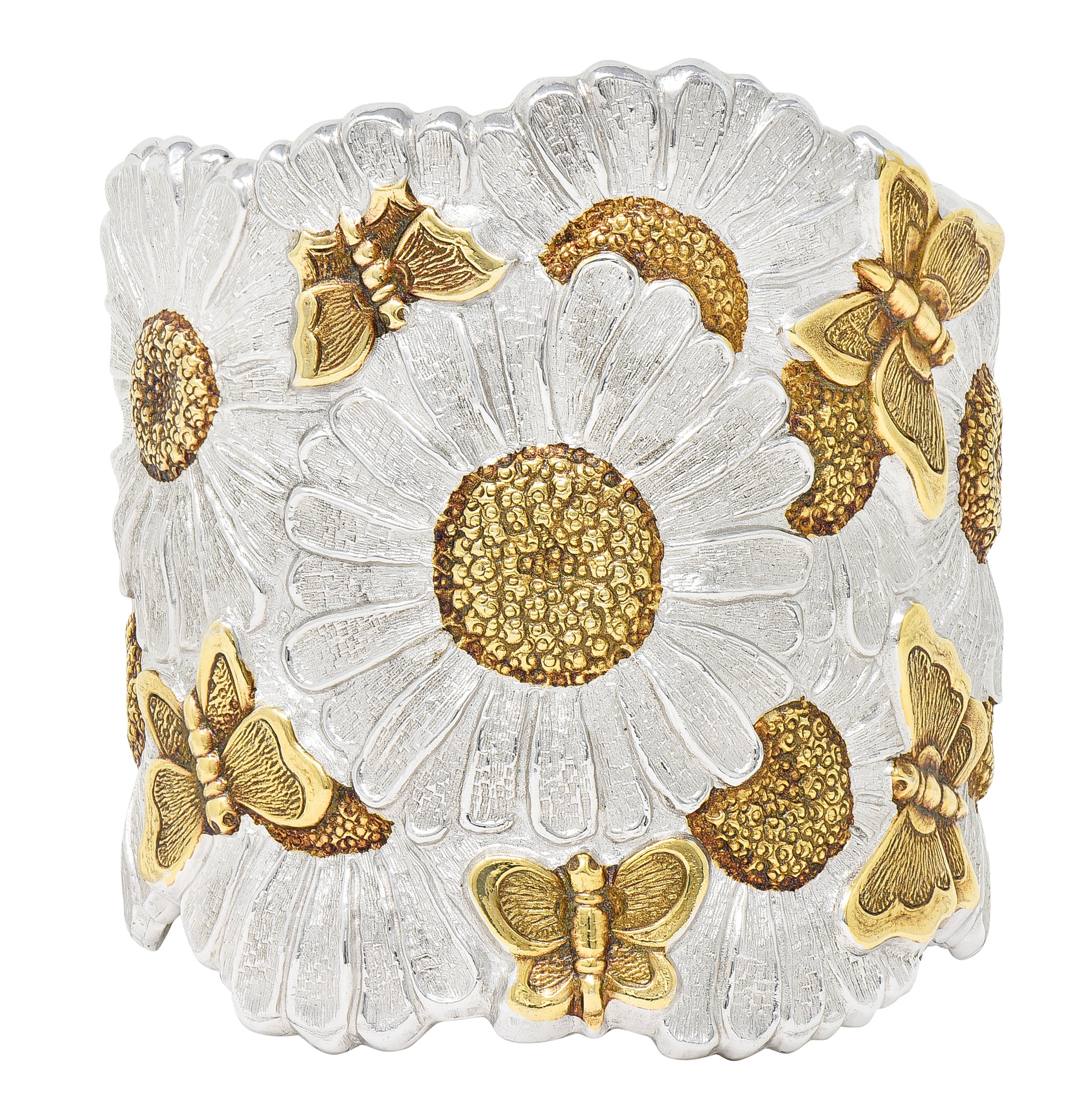 Buccellati Contemporary Italian Sterling Silver 22 Karat Gold Vermeil Butterfly Daisy Blossoms Cuff Bracelet Wilson's Estate Jewelry