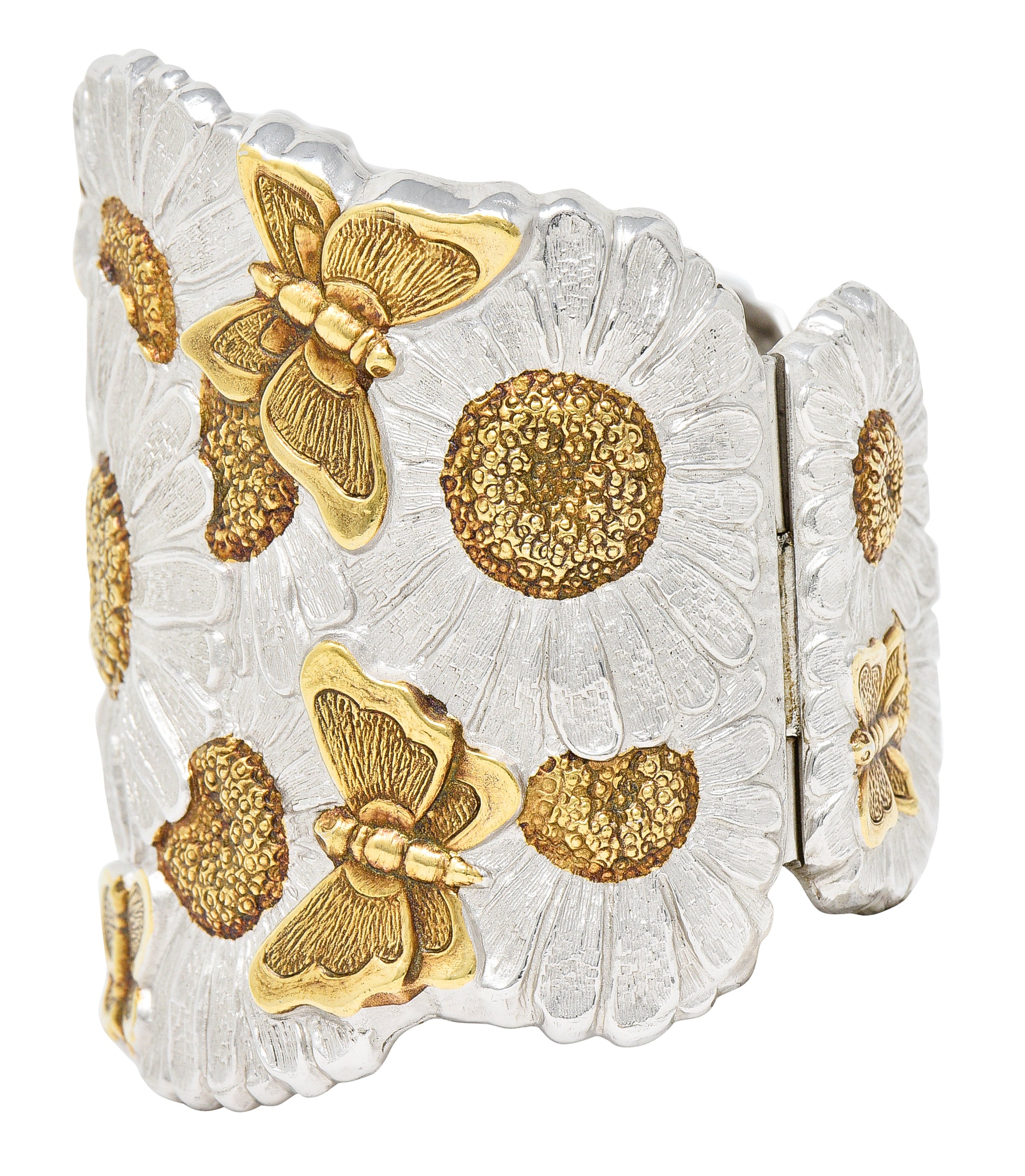Buccellati Contemporary Italian Sterling Silver 22 Karat Gold Vermeil Butterfly Daisy Blossoms Cuff Bracelet Wilson's Estate Jewelry