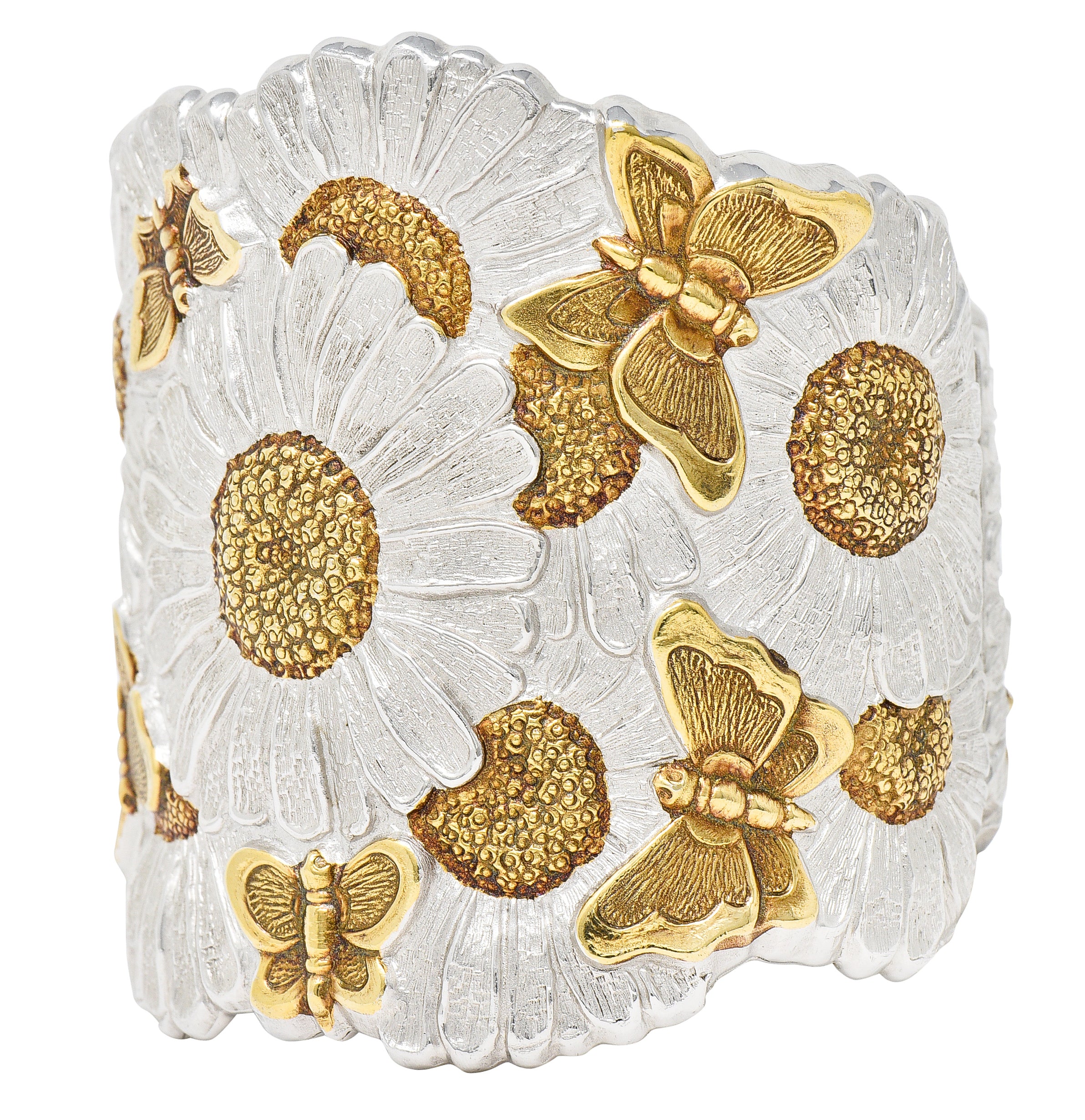 Buccellati Contemporary Italian Sterling Silver 22 Karat Gold Vermeil Butterfly Daisy Blossoms Cuff Bracelet Wilson's Estate Jewelry