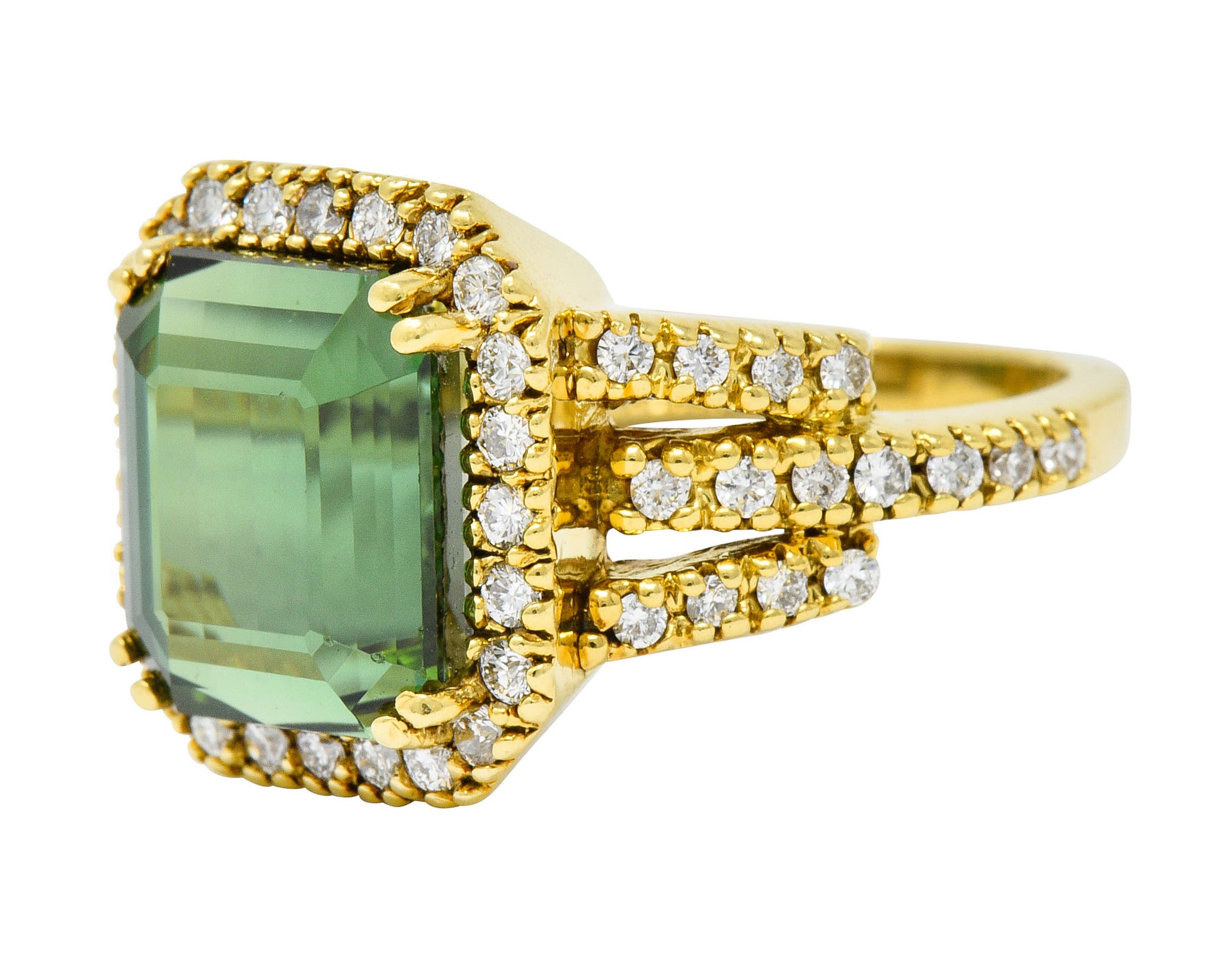 Green Tourmaline Diamond Halo 18 Karat Gold Cocktail RingRing - Wilson's Estate Jewelry