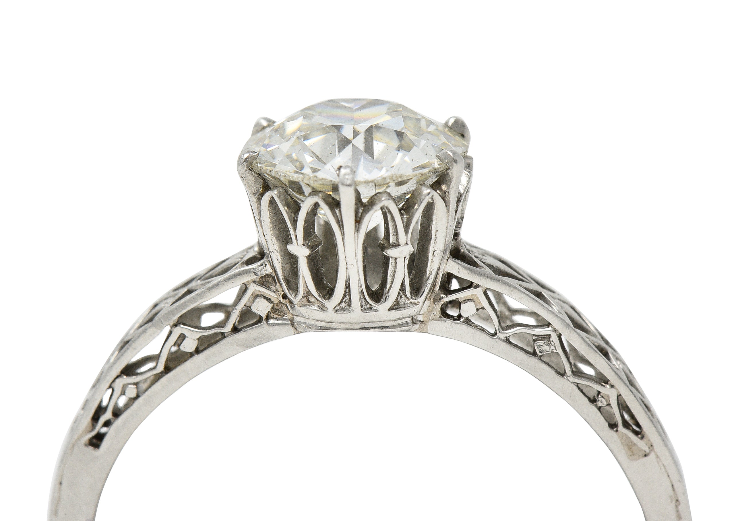 Art Deco 1.42 CTW Platinum Fleur-De-Lis Trellis Solitaire Engagement Ring Wilson's Estate Jewelry