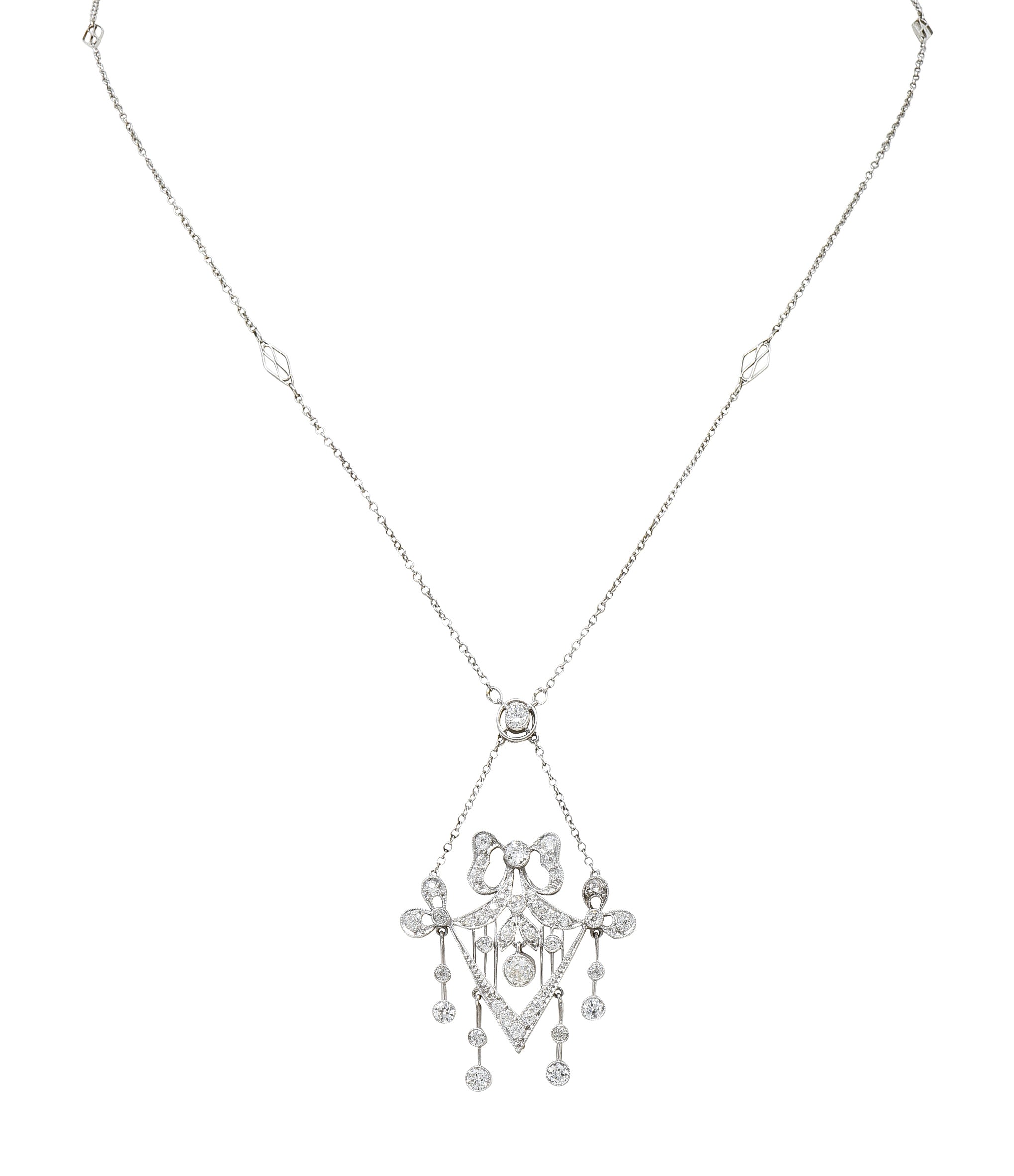 Belle Epoque Diamond Platinum Ribboned Bow Station Necklace Wilson's Estate Jewelry