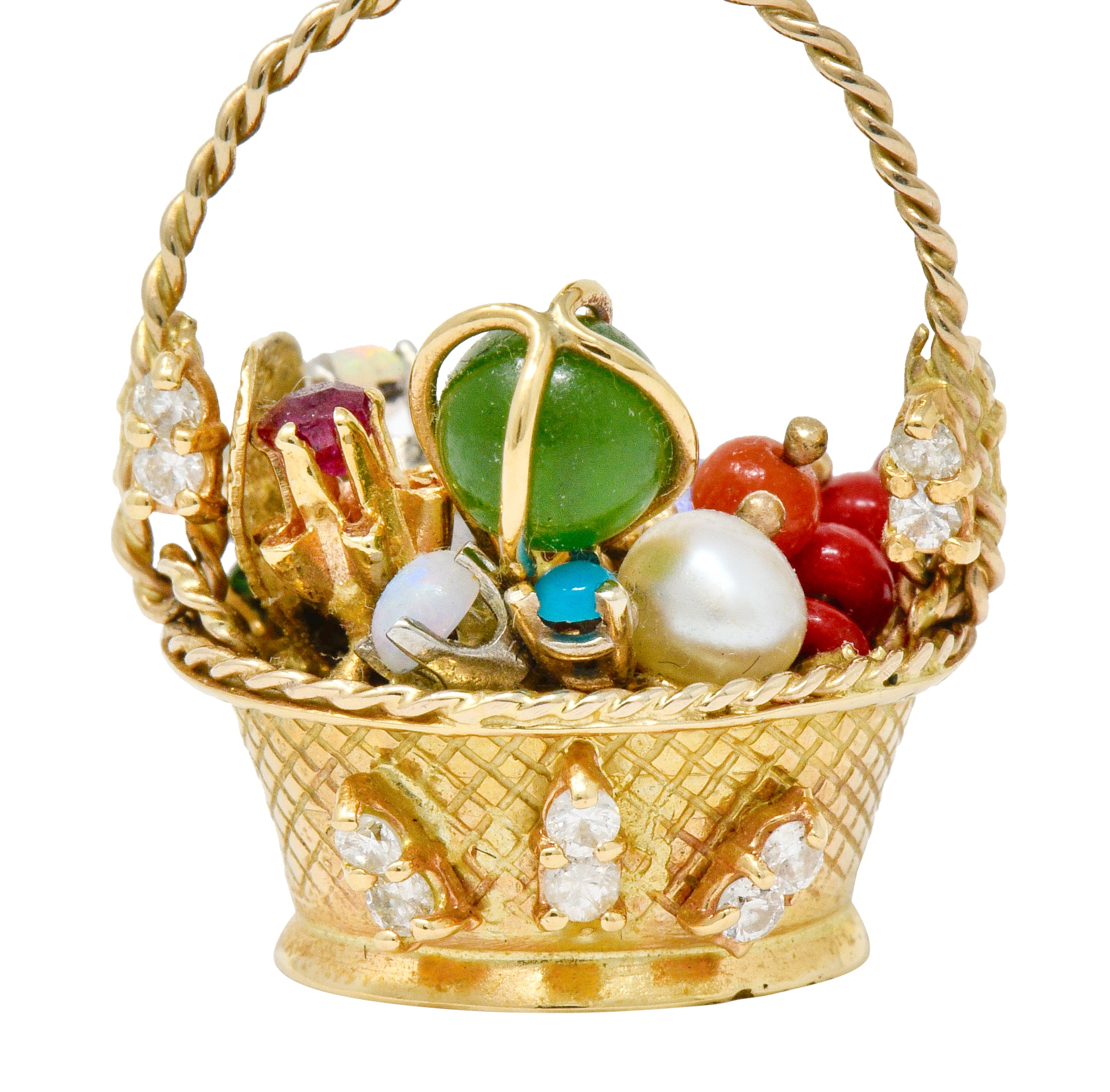 Retro Diamond Sapphire Opal Multi-Gem 14 Karat Gold Fruit Basket Pendant Charm - Wilson's Estate Jewelry