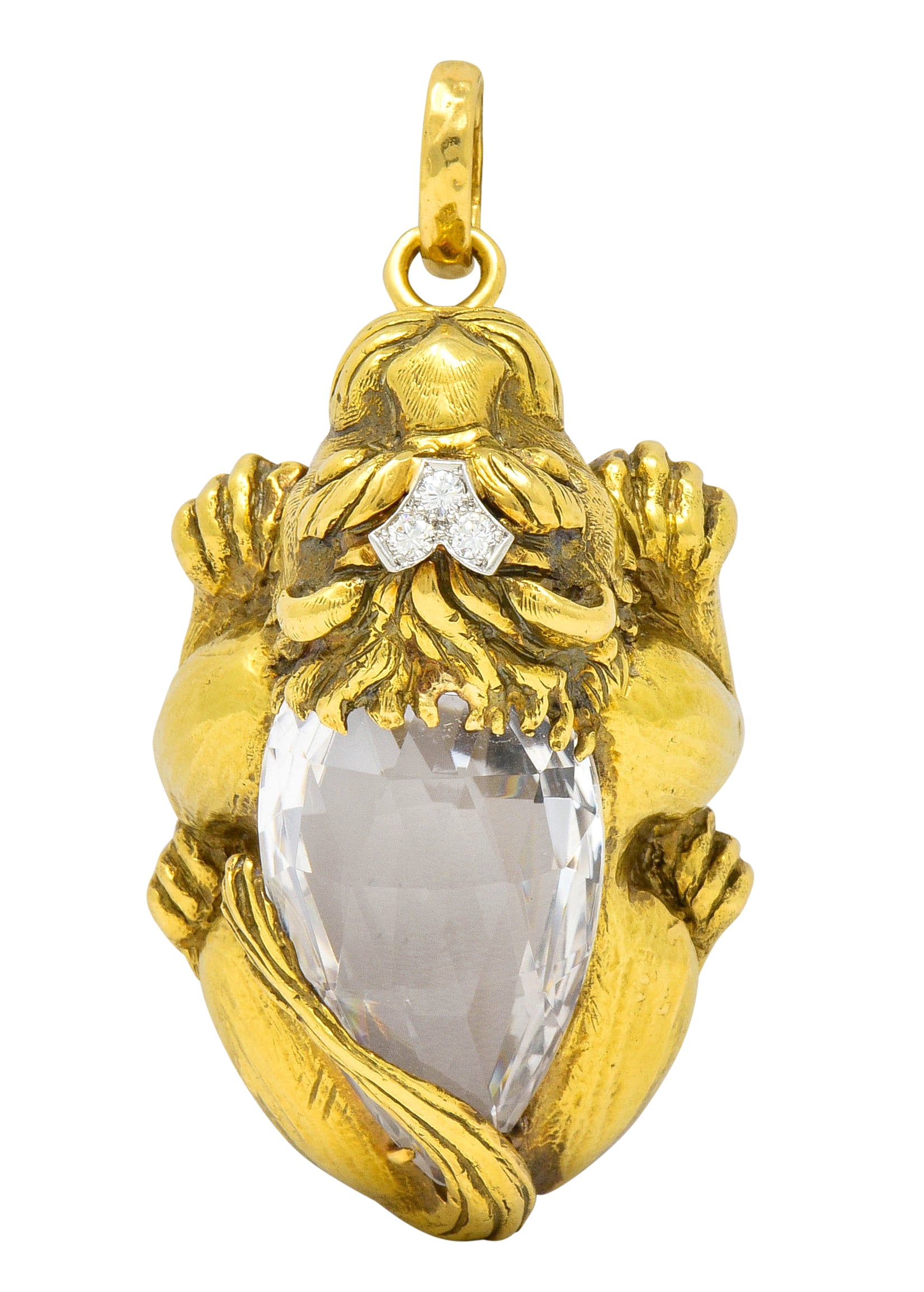 Substantial David Webb Diamond Rock Crystal 18 Karat Gold Lion Pendant Brooch - Wilson's Estate Jewelry