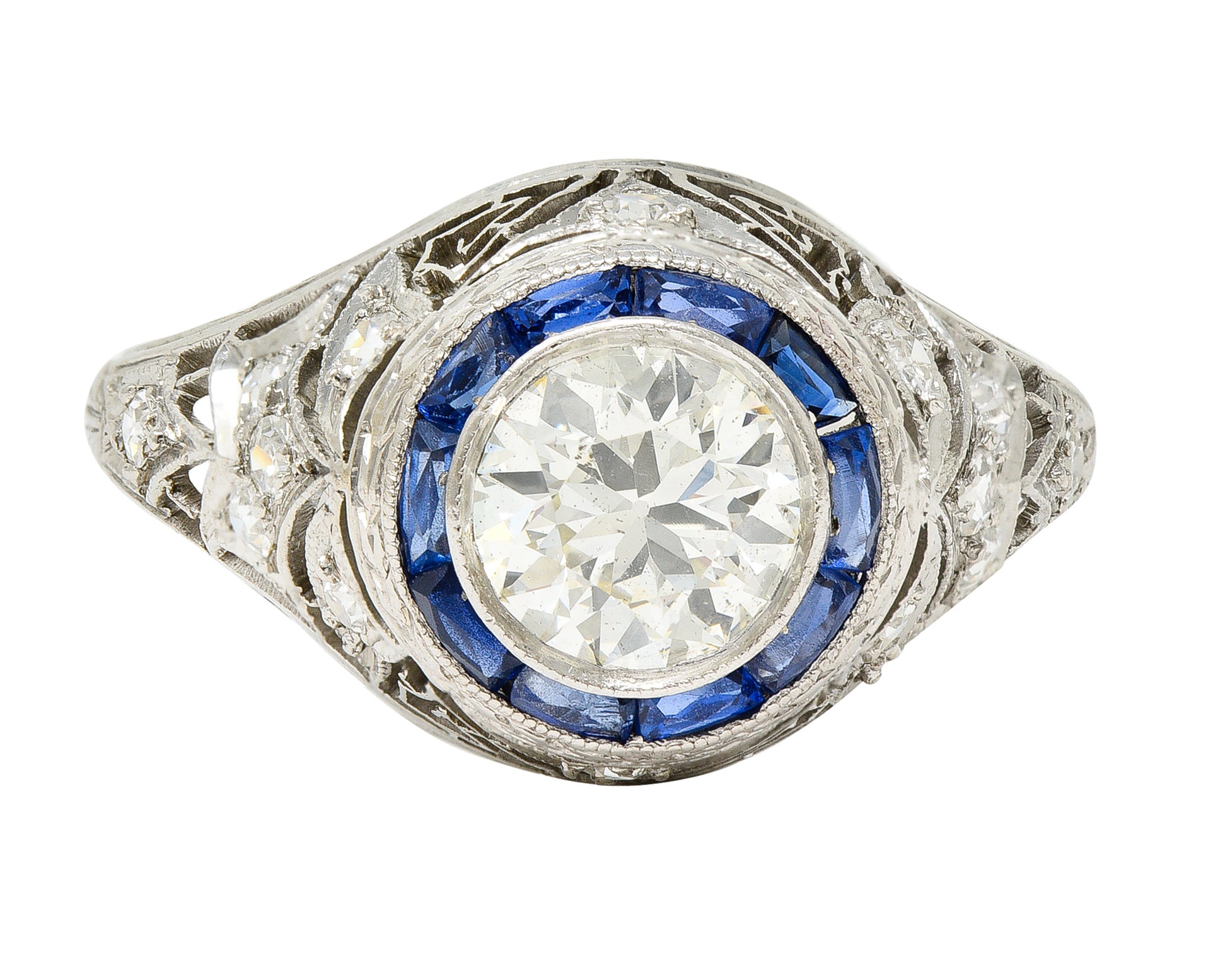 Art Deco 1.43 CTW Old European Cut Diamond Sapphire Halo Greek Key Foliate Engagement Ring Wilson's Estate Jewelry