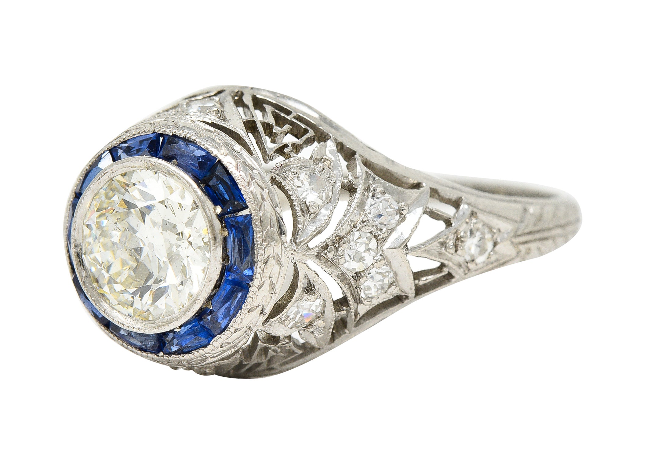 Art Deco 1.43 CTW Old European Cut Diamond Sapphire Halo Greek Key Foliate Engagement Ring Wilson's Estate Jewelry