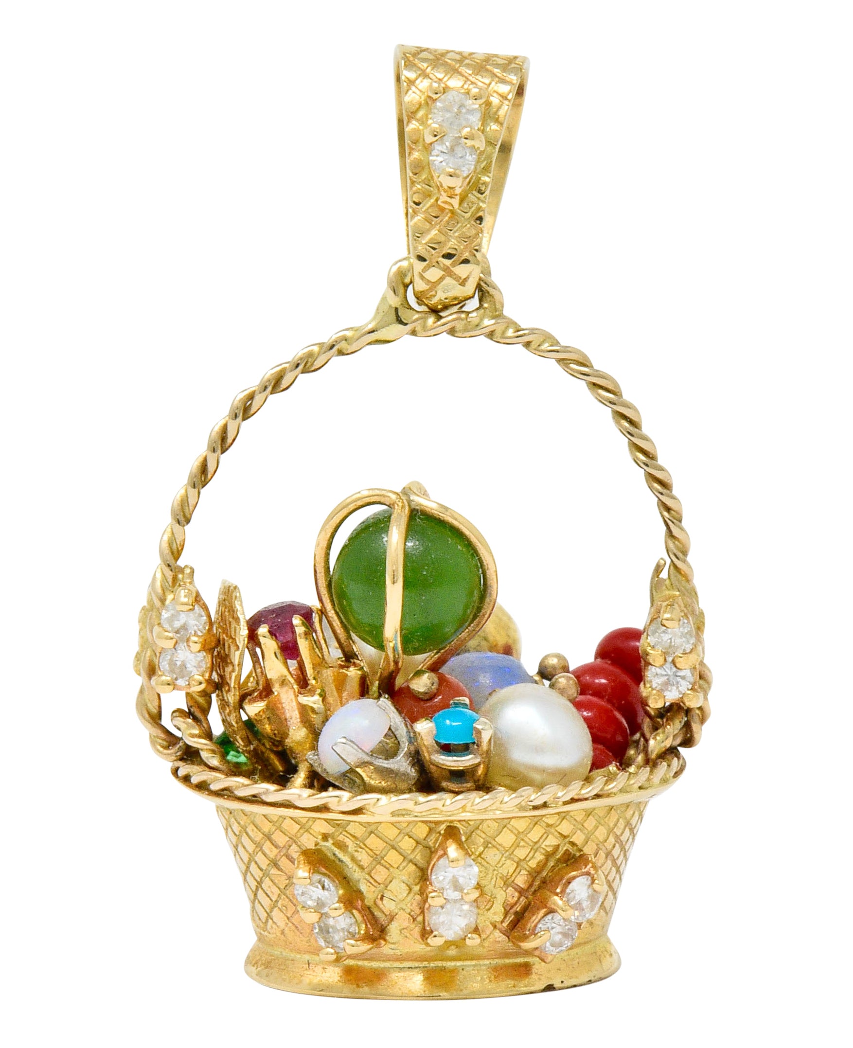 Retro Diamond Sapphire Opal Multi-Gem 14 Karat Gold Fruit Basket Pendant Charm - Wilson's Estate Jewelry