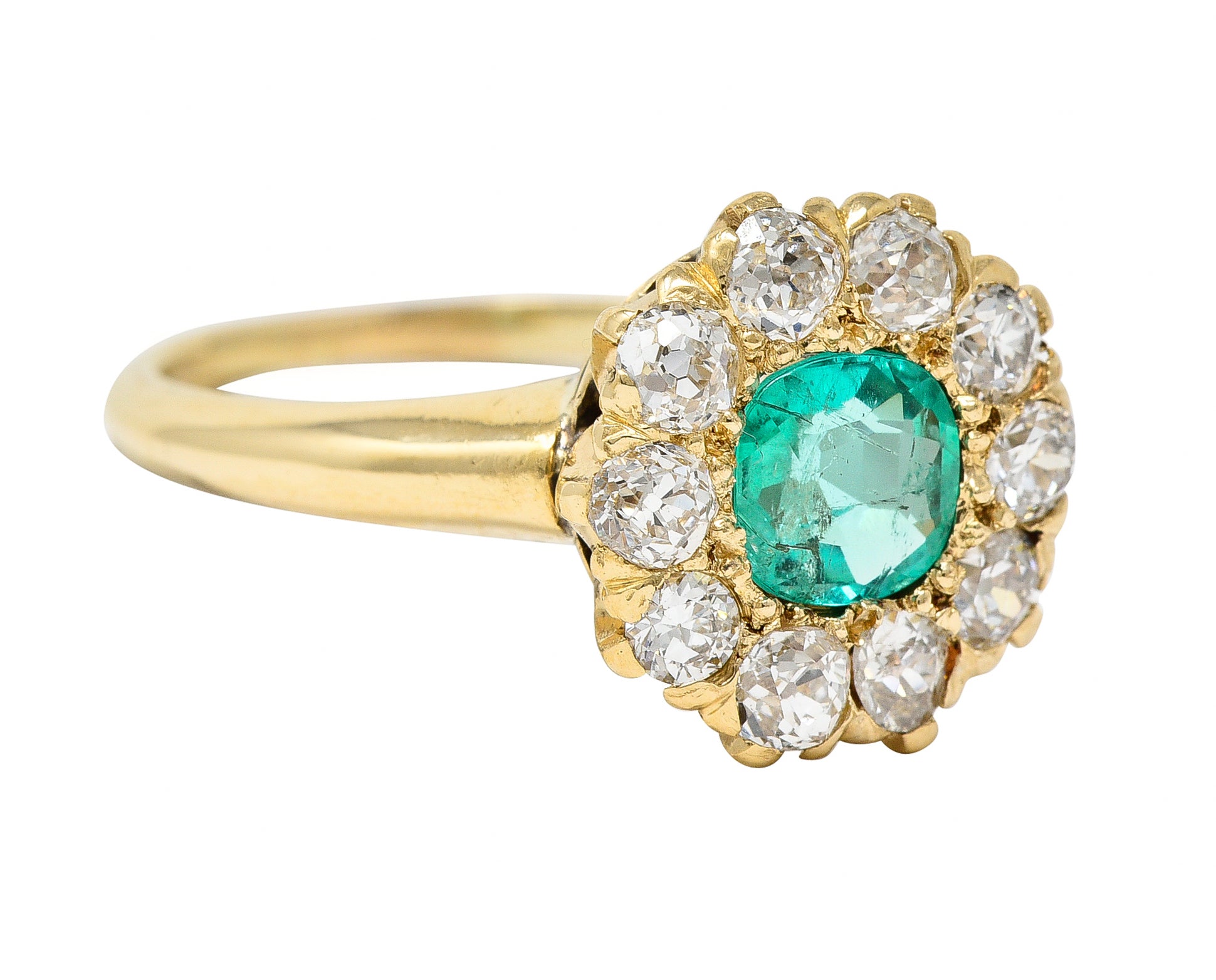 Victorian 1.52 CTW Cushion Cut Emerald Old Mine Cut Diamond 14 Karat Yellow Gold Antique Halo Ring Wilson's Estate Jewelry