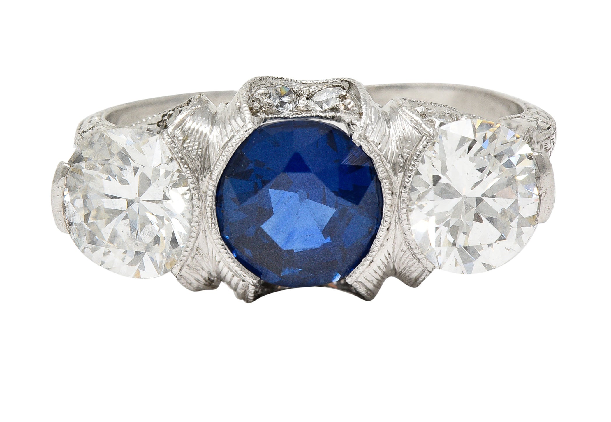 Art Deco 3.78 CTW No Heat Cambodian Sapphire Old European Cut Diamond Platinum Foliate Festoon Three Stone Ring GIA Wilson's Estate Jewelry