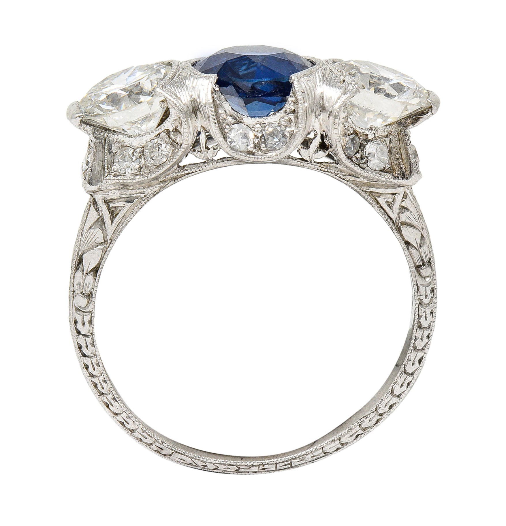 Art Deco 3.78 CTW No Heat Cambodian Sapphire Old European Cut Diamond Platinum Foliate Festoon Three Stone Ring GIA Wilson's Estate Jewelry