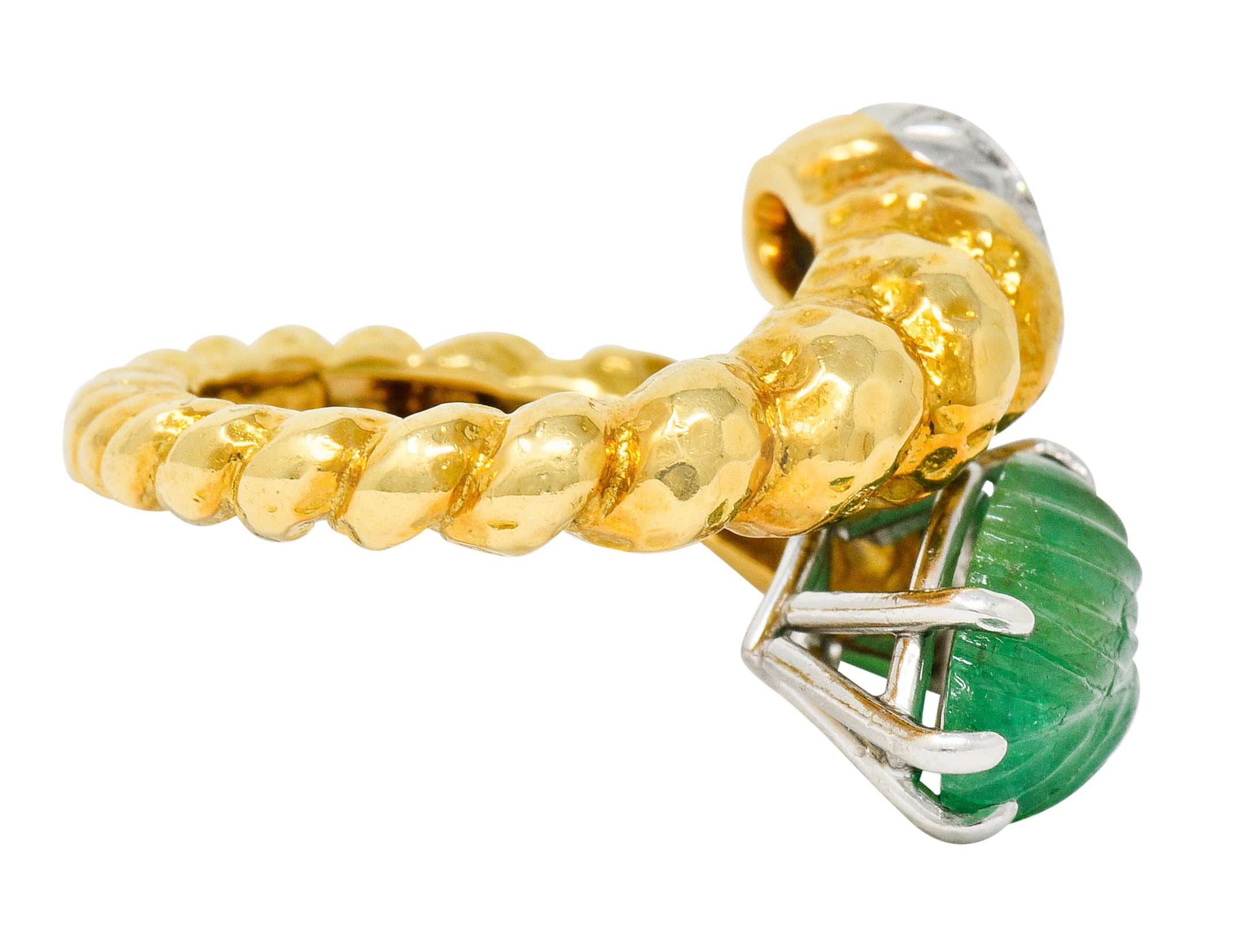 David Webb Carved Emerald Pave Diamond 18 Karat Gold Bypass Ring - Wilson's Estate Jewelry